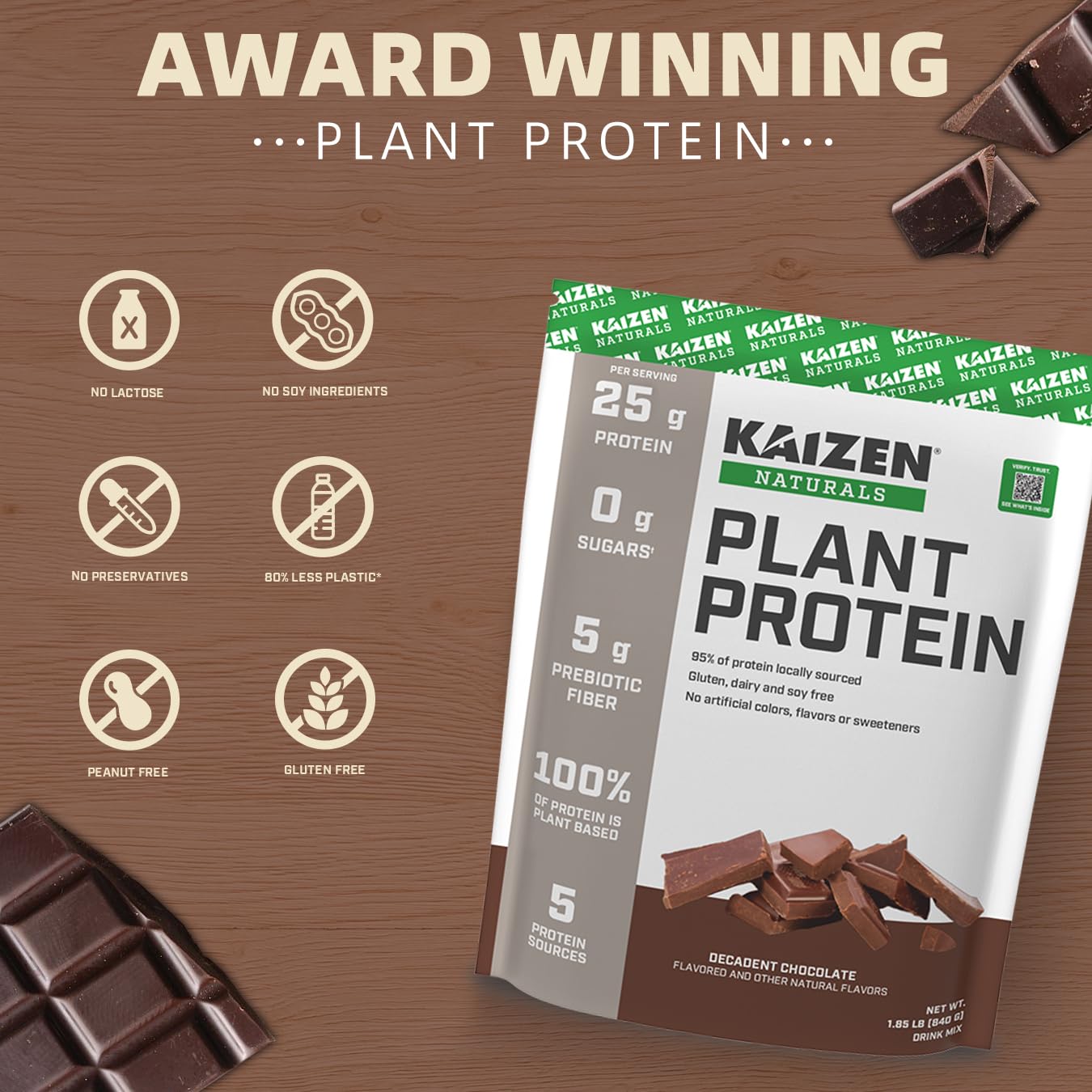 Kaizen Naturals Plant Protein | Chocolate | 25g Protein |Clean | See The Test Results | 5 Proteins | No Artificial Ingredients | Dairy Free | Soy Free | Gluten Free | Non GMO | Vegan | 1.5lb
