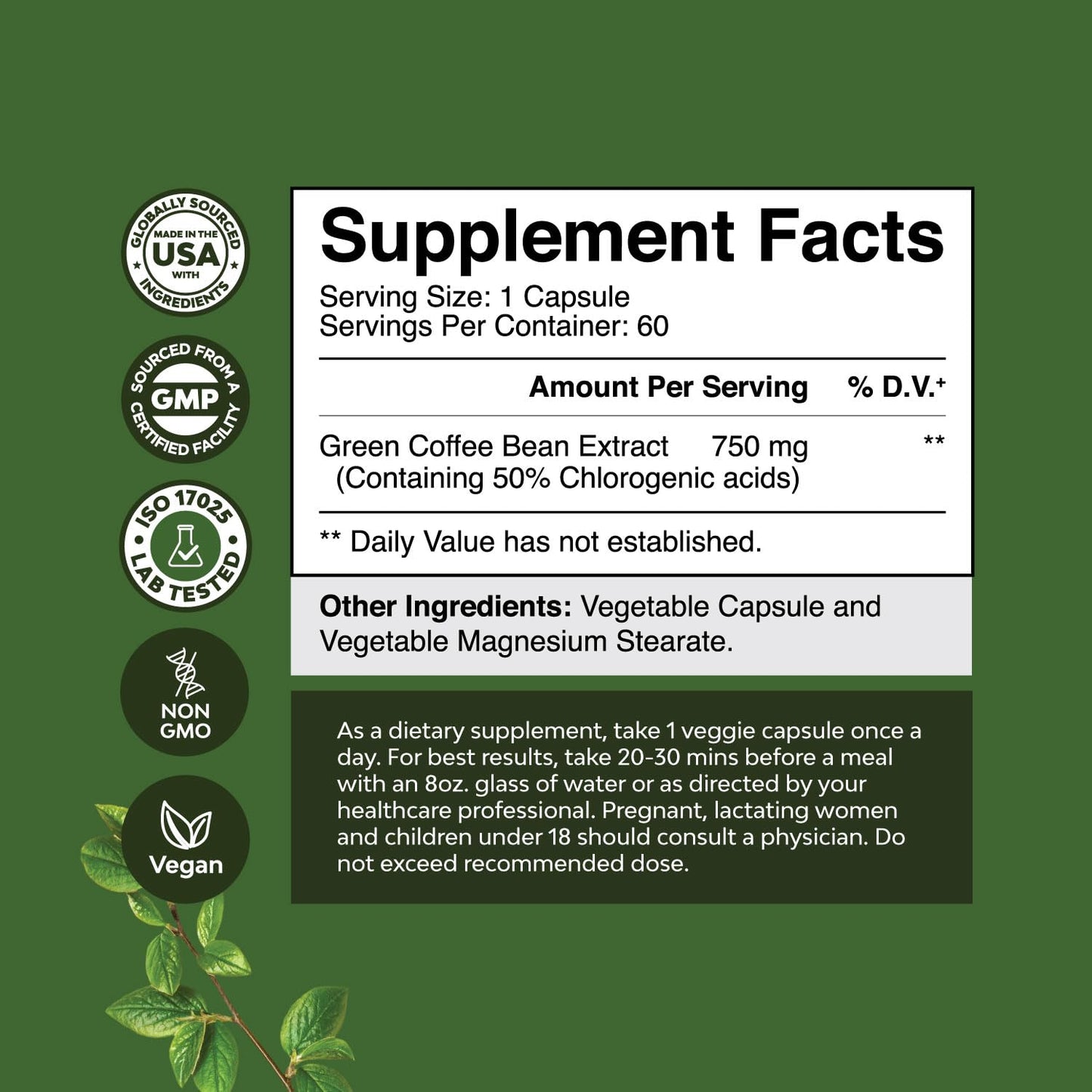 Green Coffee Bean Extract for Weight Loss Dietary Supplement Maximum Strength Vitamins No. 1 Antioxidant Increase Energy Boost Metabolism Control Hunger for Women and Men