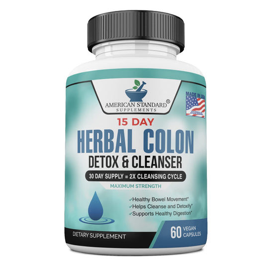 American Standard Supplements Colon Cleanse - 60 Veggie Capsules, 30 Servings - Herbal Blend with Psyllium Husk, Senna Leaves, Aloe Vera, Ginger, Cascara Sagrada & More