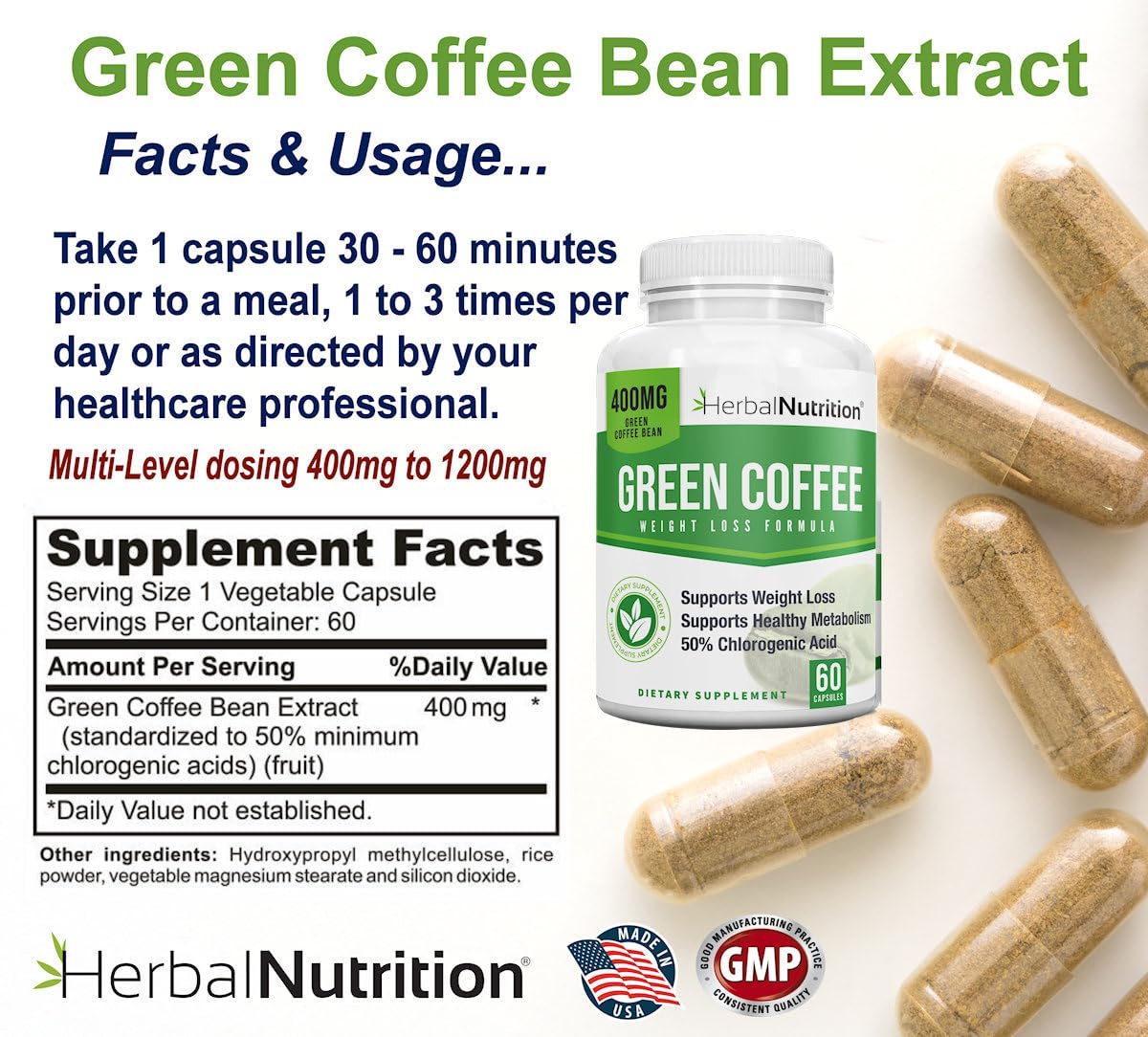 Herbal Nutrition BOGO Pure Green Coffee Bean Extract, Two Bottle Pack, 120 Capsules, Multi-Level Dosing 400mg - 1200mg Per Serving, 50% Chlorogenic Acid. Weight Loss & Cleanse Supplement