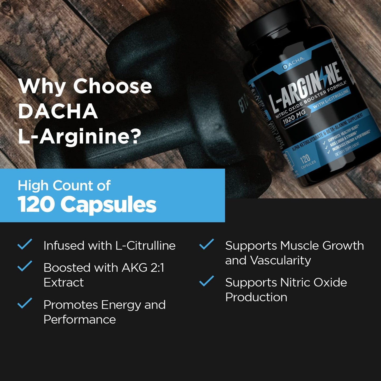 DACHA Premium L Arginine Pills 1920 MG - 120 VCAPS AAKG Nitric Oxide Precursor, L-Citrulline HCL, Beta Alanine, Essential Amino Acids for Energy, Muscle Growth, Heart Health, Vascularity & Stamina