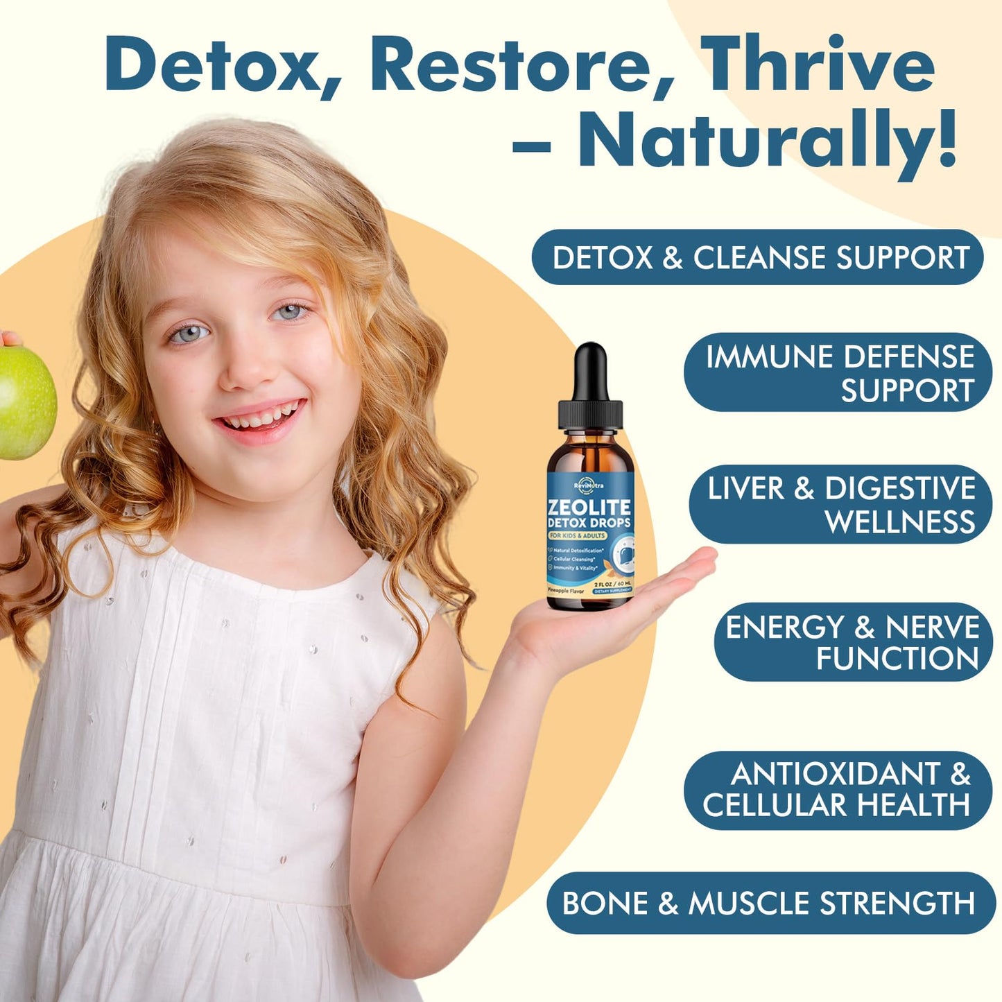 ReviNutra Zeolite Detox for Kids and Adults, Zeolite Clinoptilolite Liquid Drops with Chlorella, Magnesium, Zinc, Methy Vitamin B12 & D3, Gut Liver Detox Cleanse, Immunity, Pineapple Flavor 2 Fl Oz
