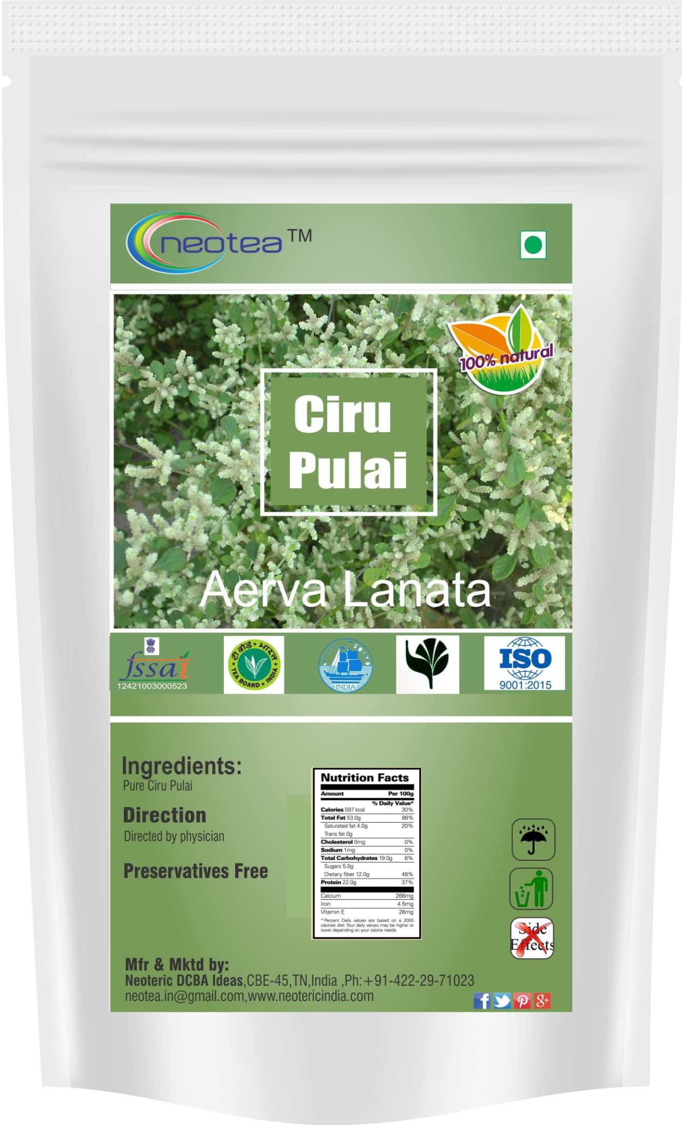 neotea Aerva Lanata Powder 100gm (3.52 OZ) | Mountain Knot Grass | Ciru Pulai | Cherula Powder | Herbal Supplement | Natural Detox | Ayurvedic Medicine | Pure and Organic.
