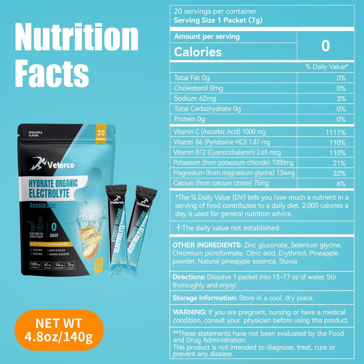 Veterco Hydration Electrolyte Powder, Electrolyte Drink, Hydration Supplement Drink Mix, Hydration Packets with Vitamin & Mineral, Keto Friendly, Vegan, Non-GMO, No Sugar, Pineapple Flavor (20 Sticks)