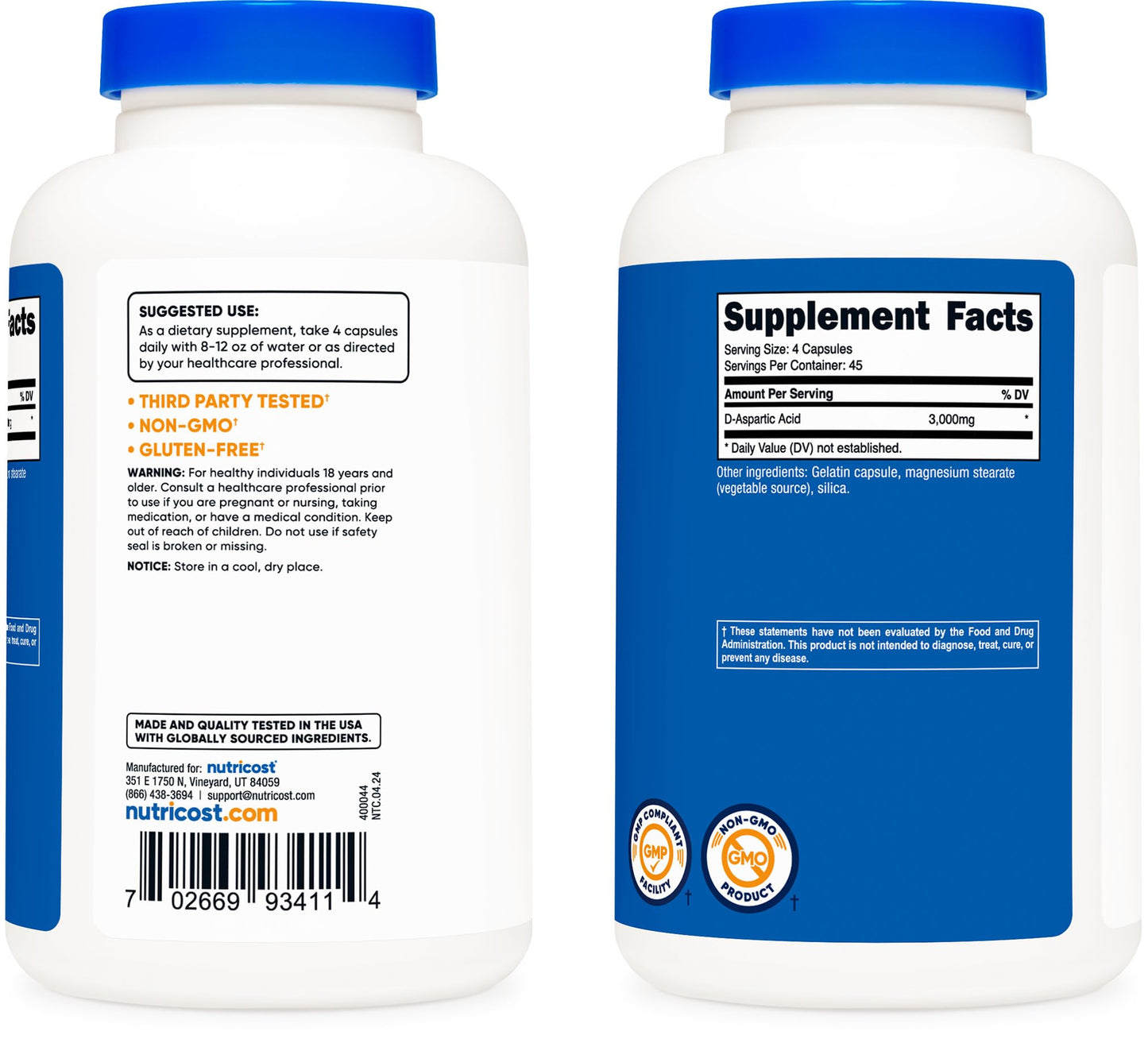 Nutricost D-Aspartic Acid (DAA) Capsules 3000mg Per Serving (180 Capsules) - Non-GMO