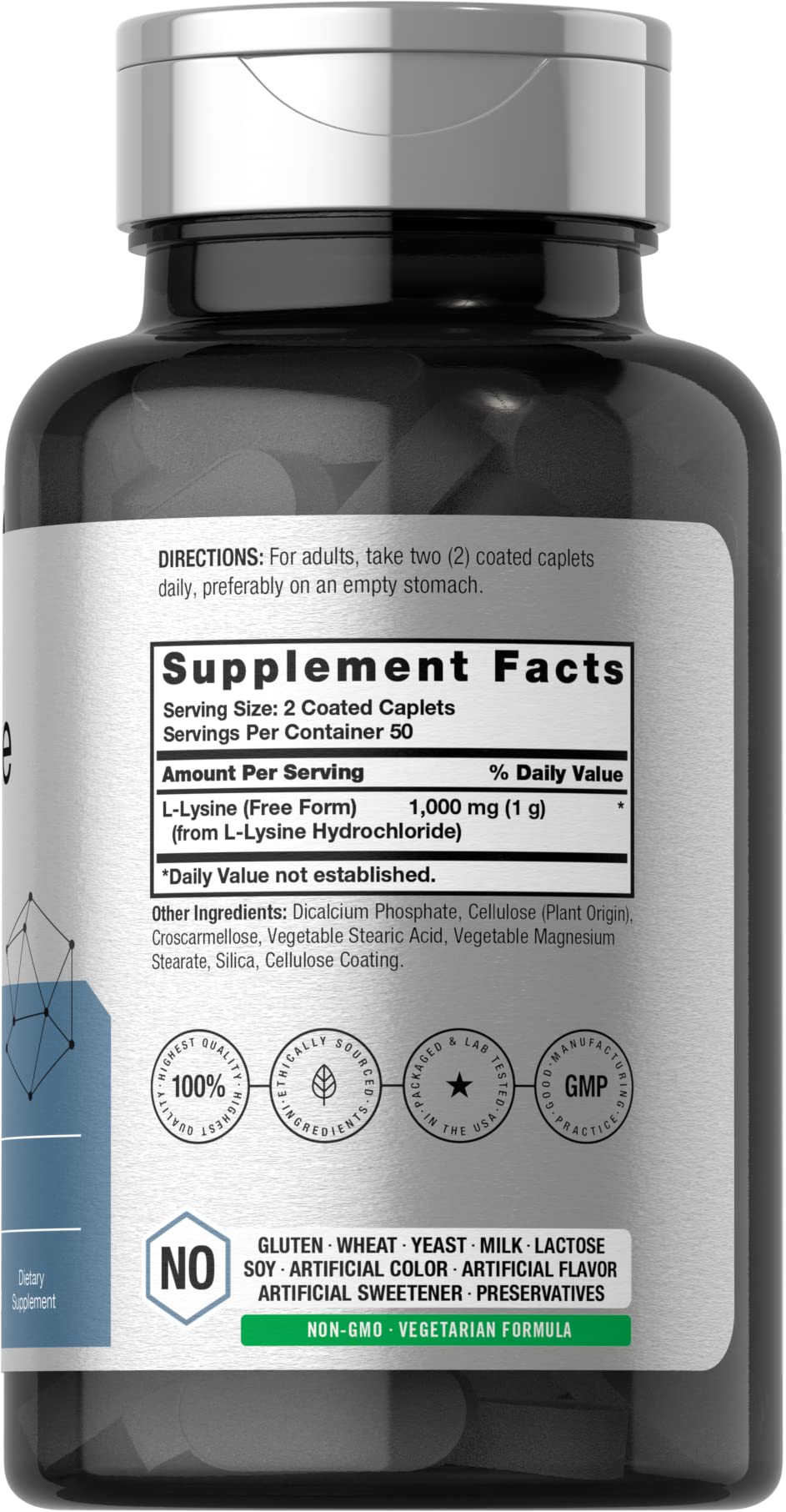 Horbäach L-Lysine 1000mg | 100 Coated Caplets | Free Form Dietary Supplement | Essential Amino Acid | Vegetarian, Non-GMO, and Gluten Free Formula