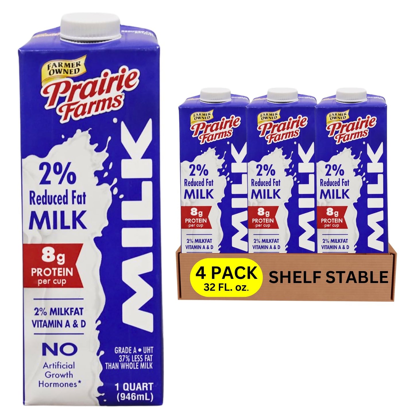 Prairie Farms  Shelf Stable Milk 2 Percent Reduced Fat Boxed UHT Ultra Pasteurized Milk Vitamin D White Milk  Preservative and Hormone Free Gluten Free Kosher Made in USA 1 Quart  4 Pack