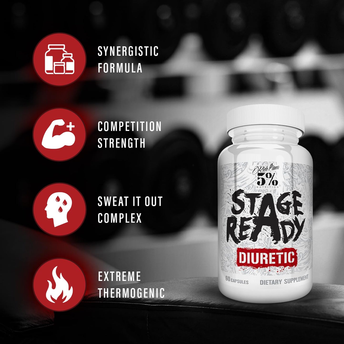5% Nutrition Stage Ready Diuretic | Extra Strength Competition Diuretic | Fast Acting Weight Cut, Water Retention & Bloat Relief | Natural Formula w/Dandelion Root, Shavegrass, Uva Ursi (60 Pills)