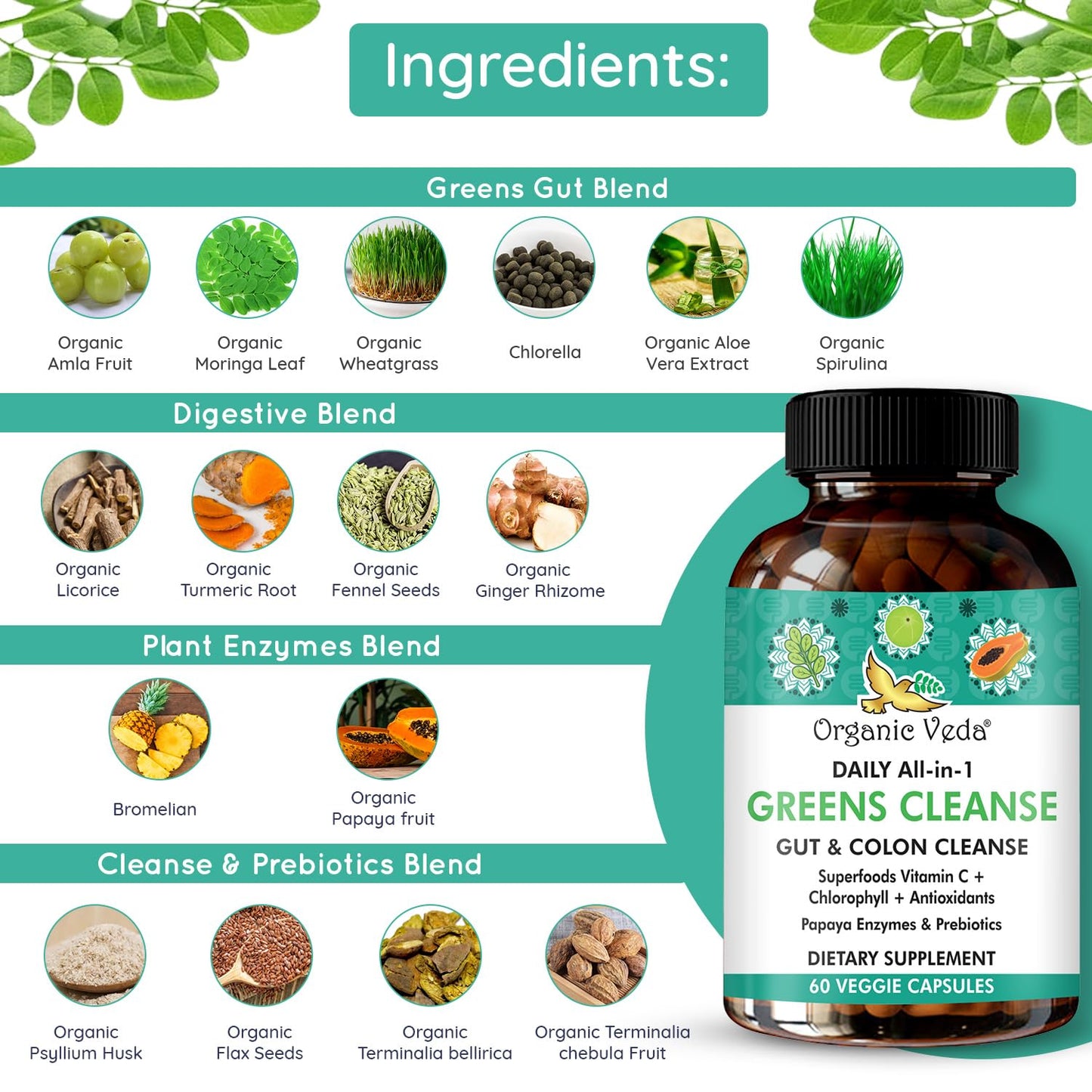 Super Greens Total Gut Health, Digestion & Colon Cleanse Supplement - All in One Organic superfoods, Turmeric, Papaya, Chlorophyll, Moringa, Psyllium Husk, Triphala, Digestive Enzymes - 60 Capsules