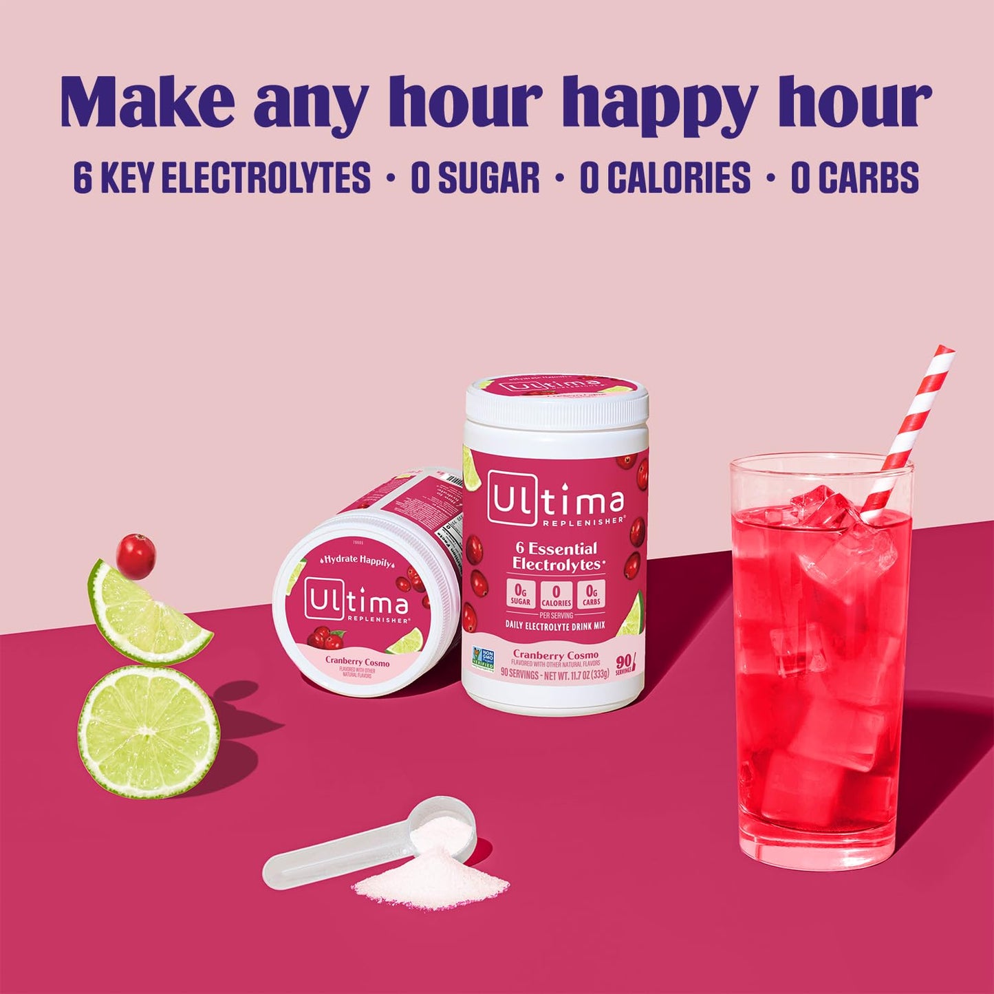 Ultima Replenisher Daily Electrolyte Powder Drink Mix - Cranberry Cosmo, 90 Servings - Hydration Powder with 6 Key Electrolytes and Trace Minerals - Keto Friendly, Non-GMO and Sugar-Free