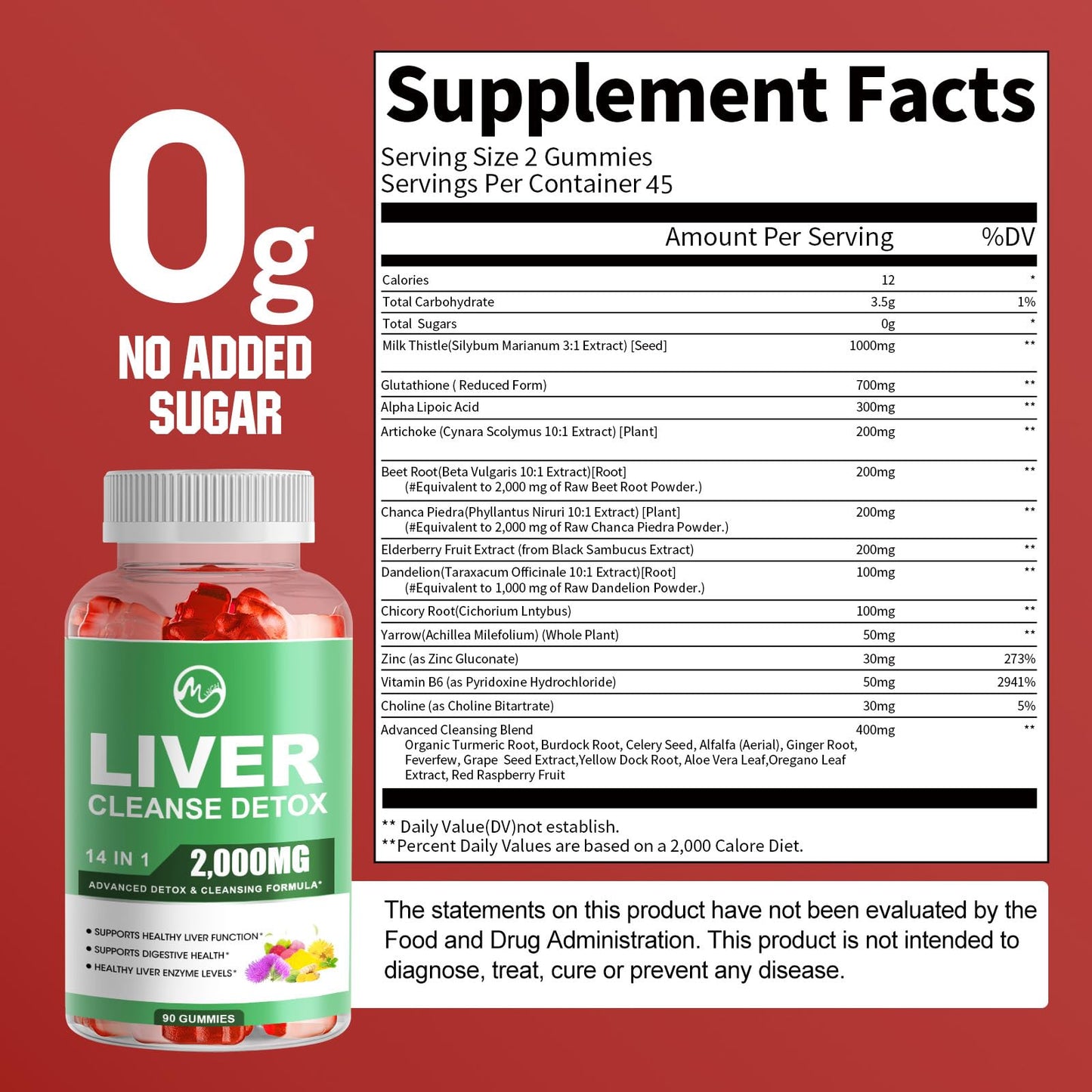 Liver Cleanse Detox & Repair Gummies, Sugar Free Liver Health Support Supplement with 2000mg Milk Thistle, Glutathion, Dandelion, Alpha Lipoic Acid, Artichoke, 2 Pack, 180 Count, Raspberry Flavor