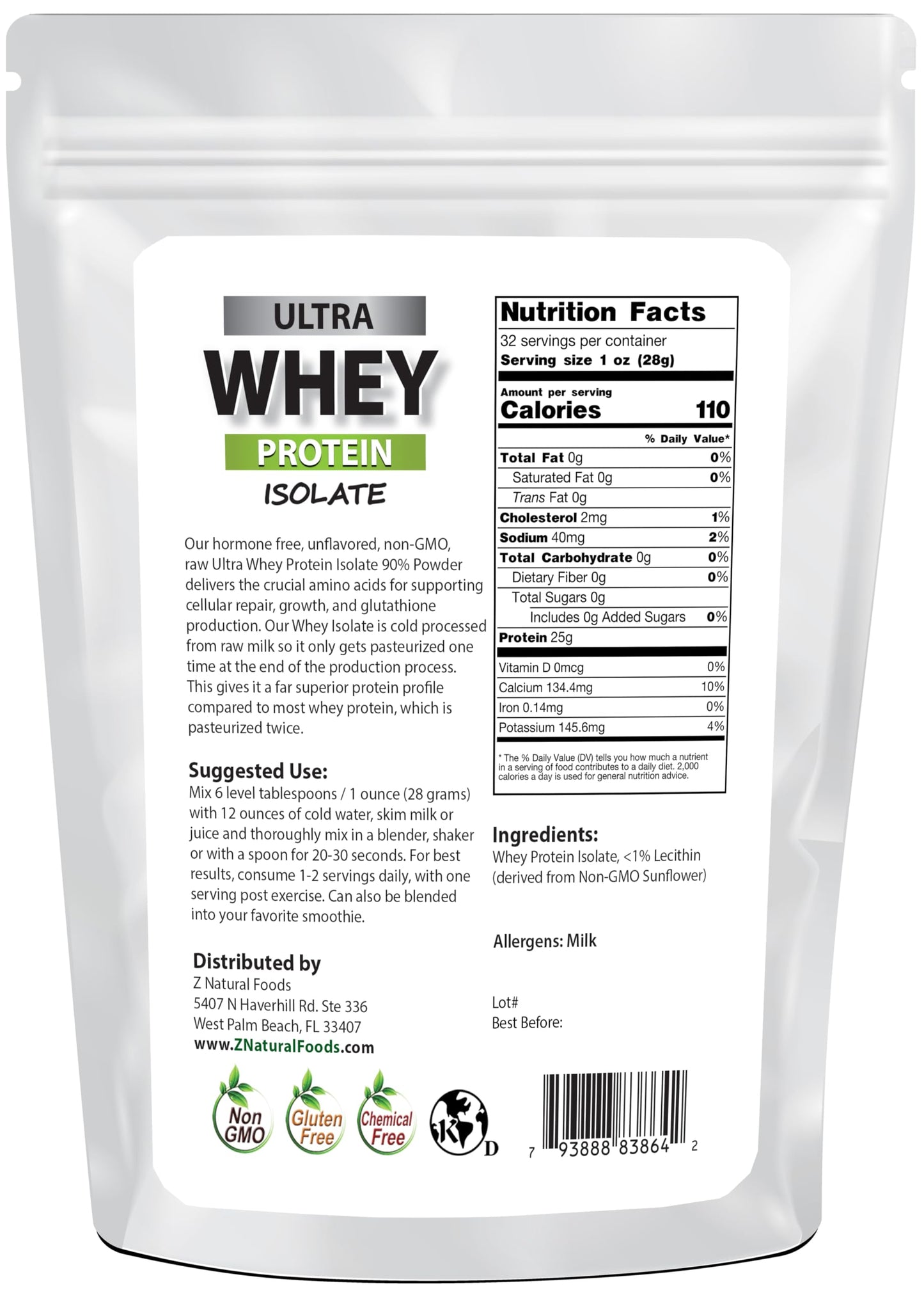 Z Natural Foods Ultra Whey Protein Isolate Powder - Pure, Unflavored, Unsweetened Whey Protein Powder - Flavorless Whey Isolate with Vital Proteins for Fitness, Sports Nutrition, Immune Support, 2 lbs