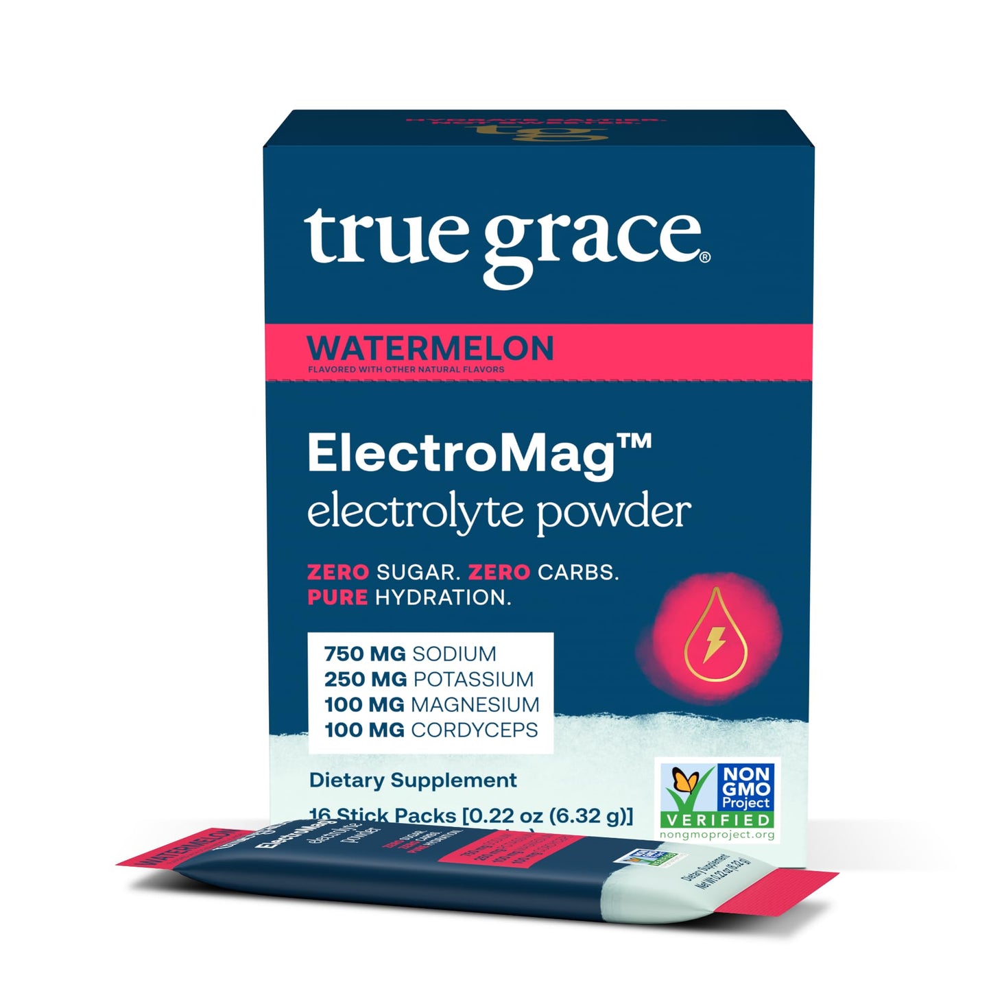 True Grace ElectroMag - 16 Stick Packs - Watermelon - Electrolyte Powder for Rapid Hydration - Sodium, Potassium, Magnesium & Cordyceps - Zero Sugar & Carbs - Non-GMO - 16 Total Servings