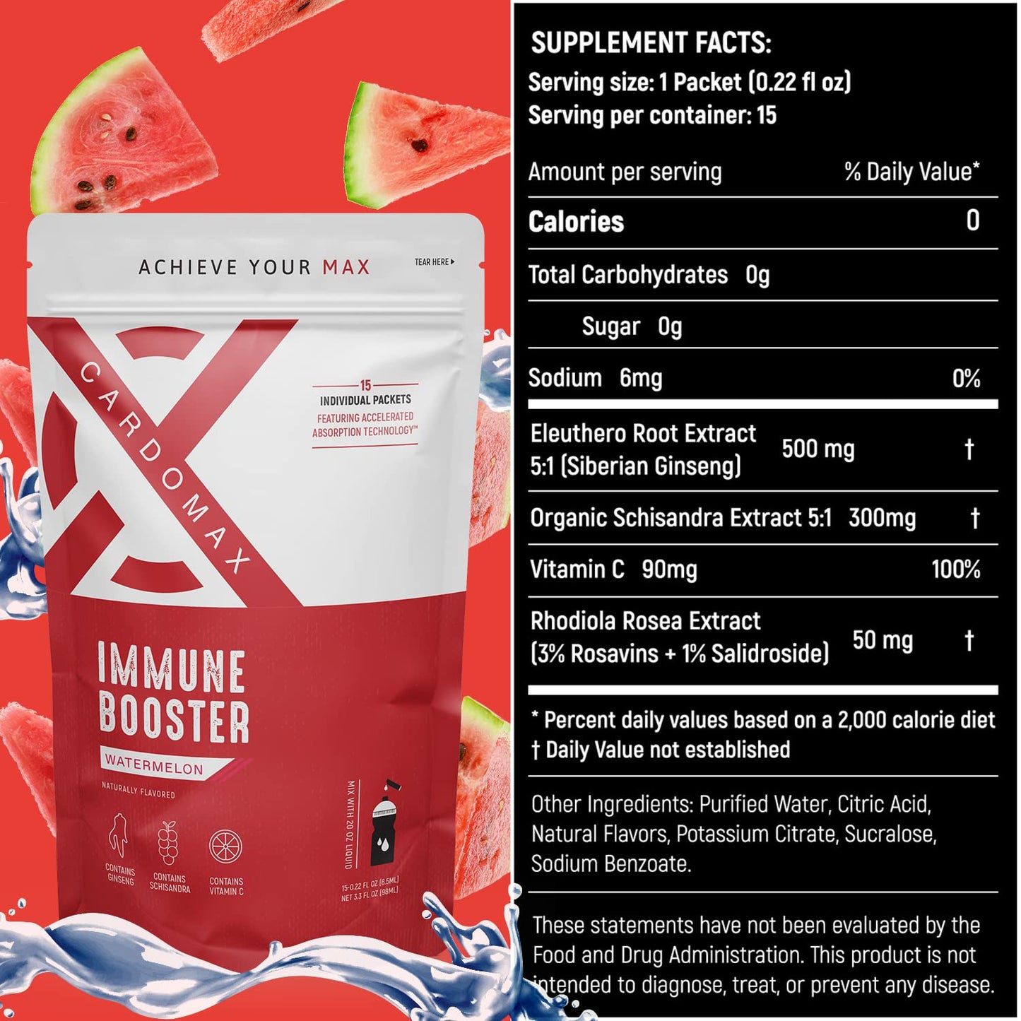 CardoMax Immune Booster Liquid Drink Mix with Gingseng & Vitamin C - Single-Serve Water Flavoring Stick Packets for Immune Support - Watermelon Flavor (15 Count)