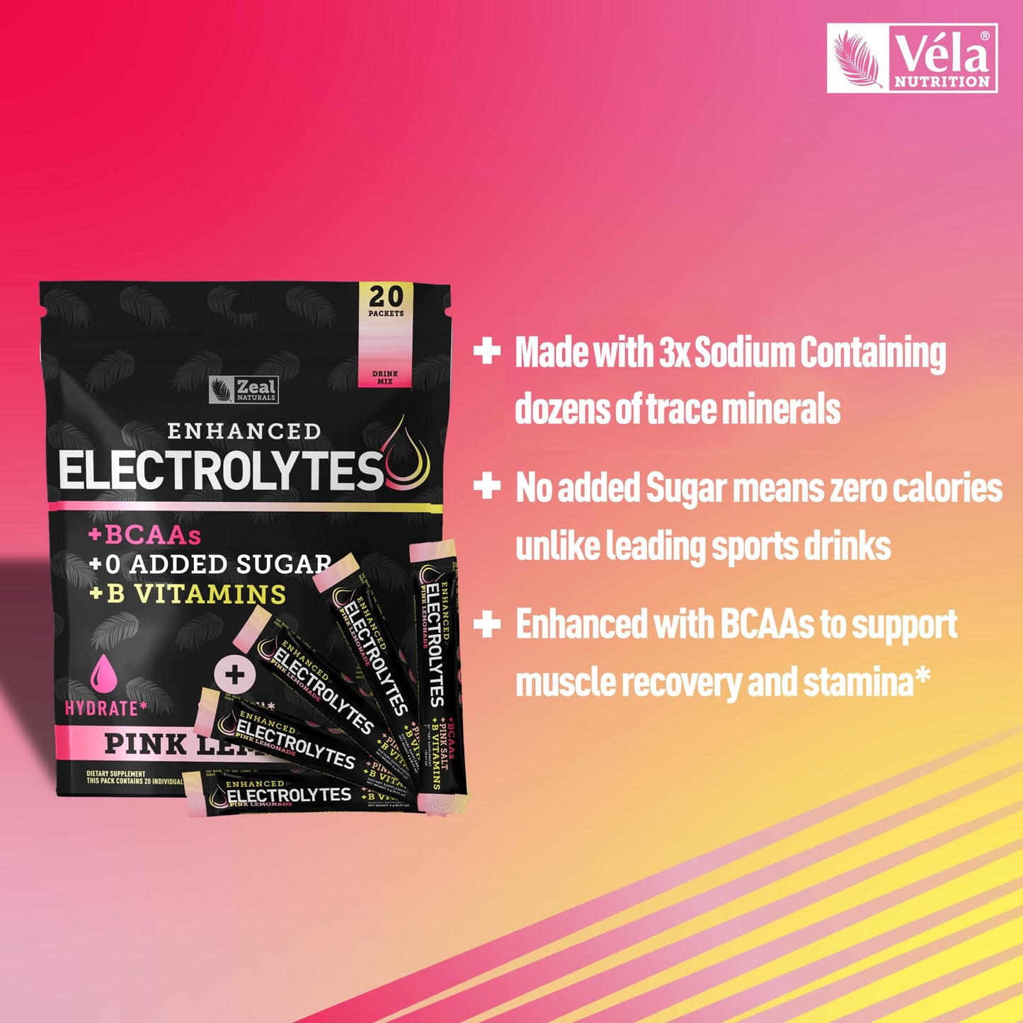 Enhanced Electrolyte Powder Stick Packs (Pink Lemonade - 20 Packets) w 0 Sugar +BCAAs +B-Vitamins Electrolyte Supplement w Potassium Zinc & Magnesium for Hydration - Keto Electrolytes
