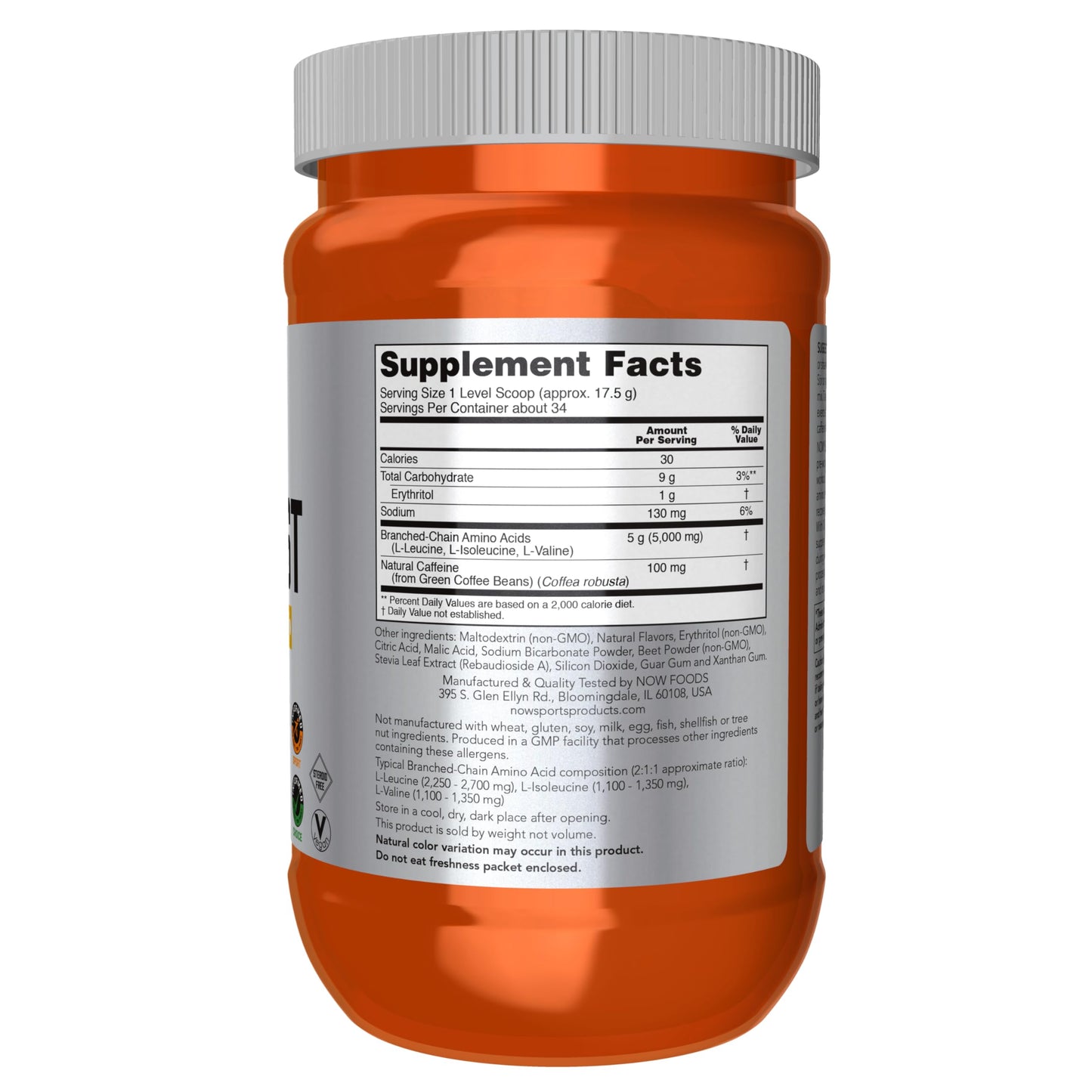 NOW Foods Sports Nutrition, BCAA Blast Powder, 5 g BCAA, 100 mg Caffeine, Tropical Punch, 600-Grams