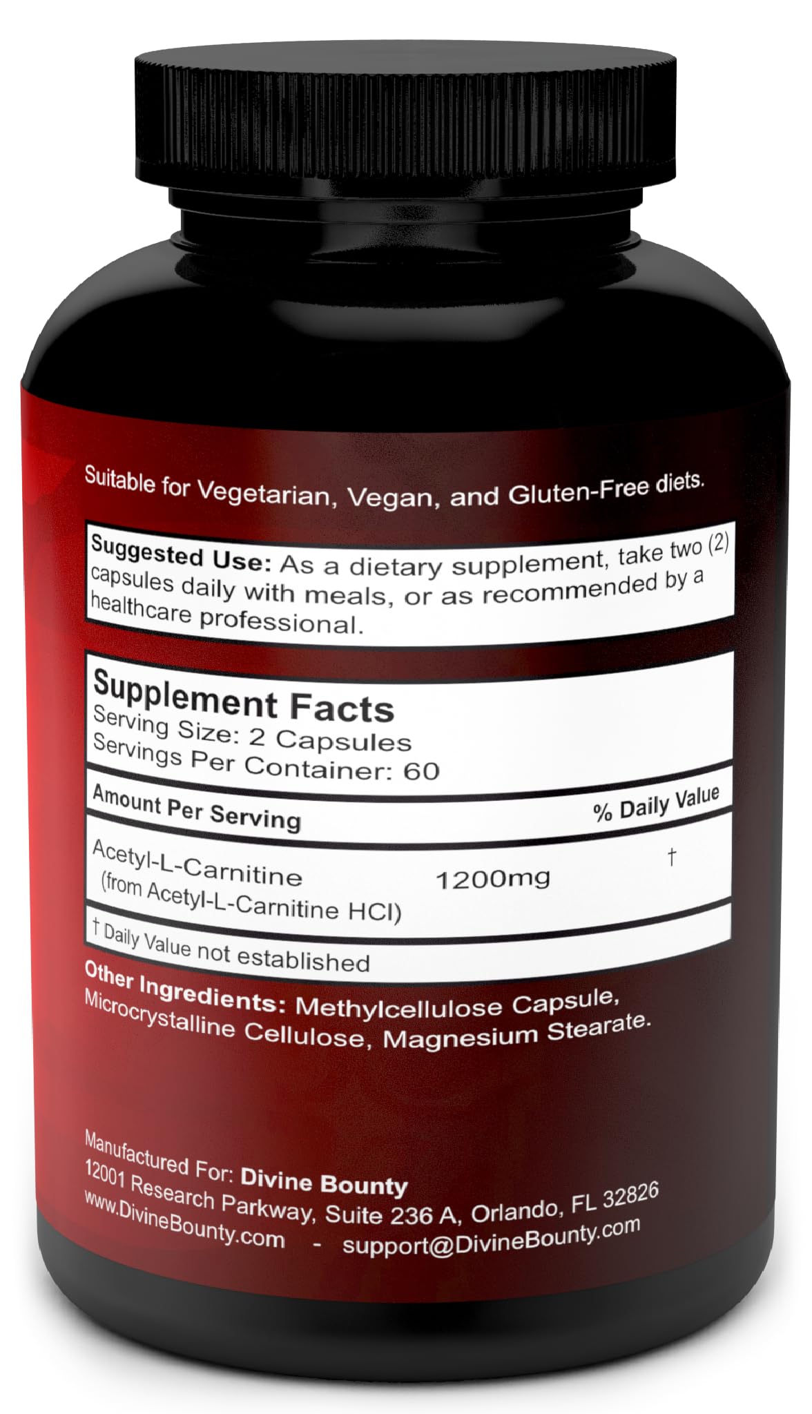 Divine Bounty Acetyl L-Carnitine Capsules 1200mg Per Serving - L Carnitine Supplement 120 Vegetarian Capsules