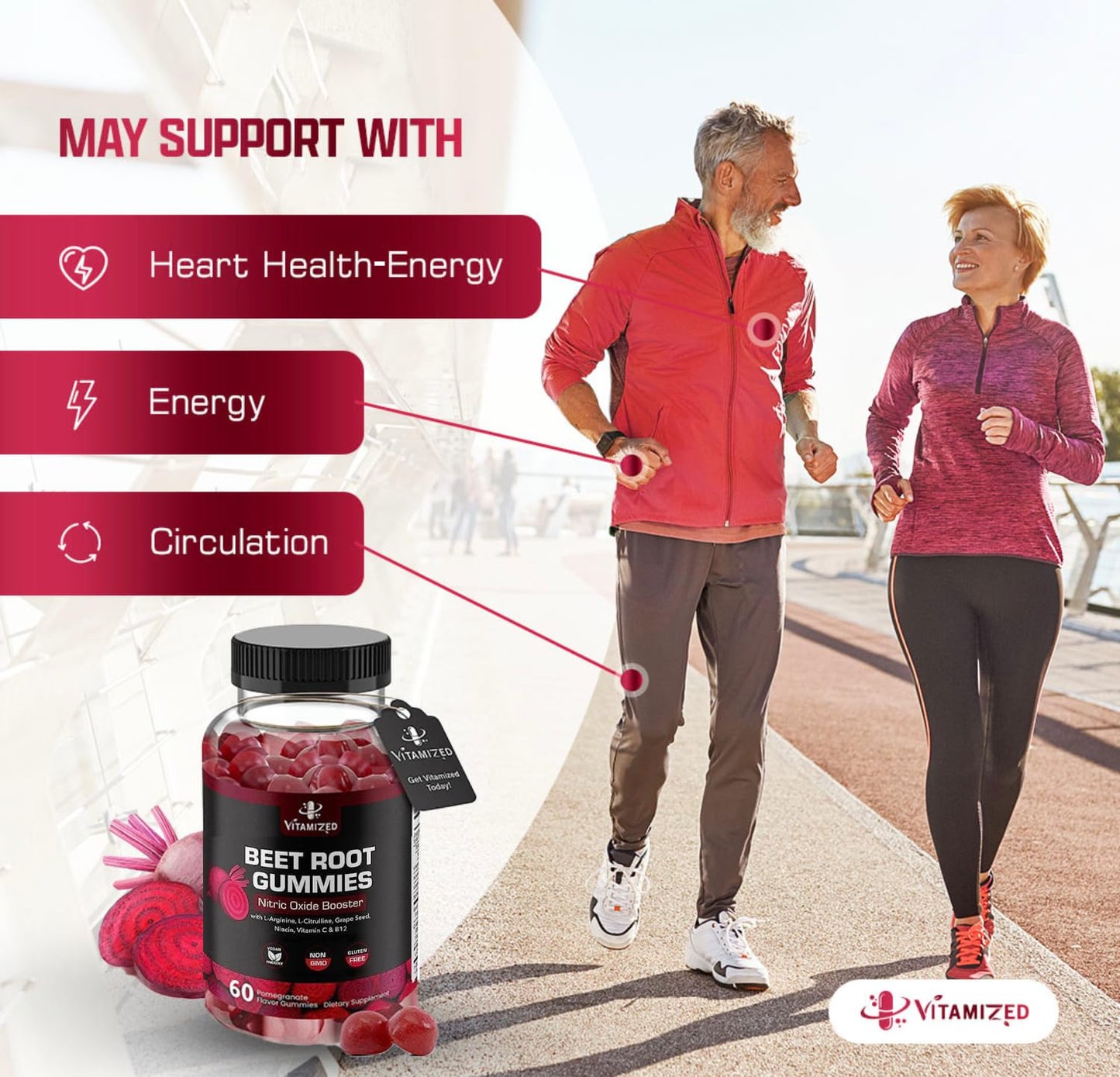 VITAMIZED Beet Root Gummies - Super Nitric Oxide Beets Supplement - Red Beetroot Heart Chews with Grape Seed Power & B12- Pomegranate Flavor, 60 Chewables Beets