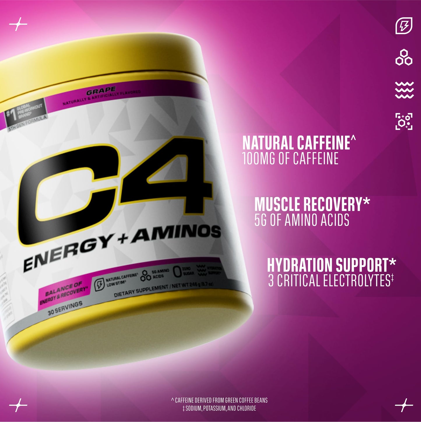 Cellucor C4 Energy + Aminos Powder | 5g BCAAs & EAAs for Muscle Recovery, 3 Electrolytes for Hydration, 100mg Natural Caffeine | Pre Workout | Zero Sugar, 30 Servings, Grape