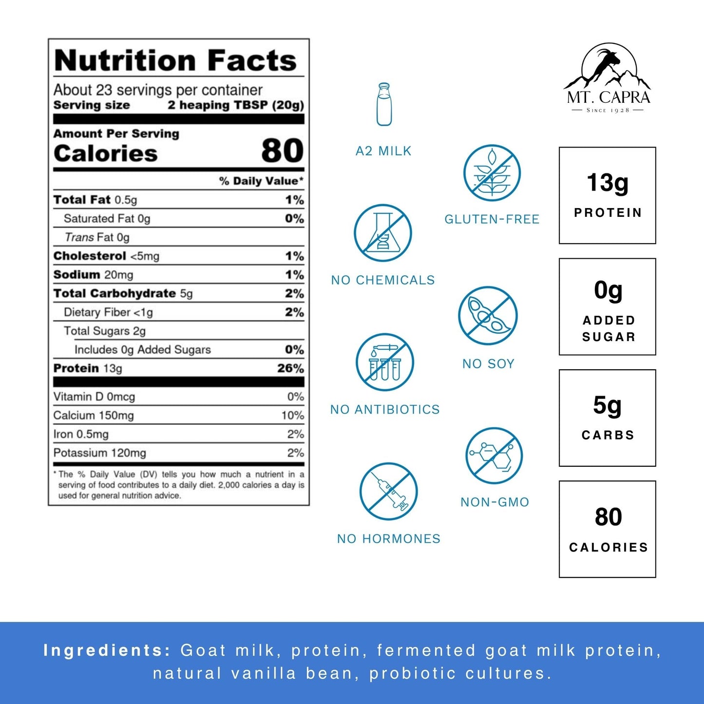 Mt. Capra Caprotein | Casein Protein Concentrate, Fermented Goat Milk Protein from Grass-Fed Pastured Goats, Extremely Easy to Digest | Vanilla Bean | 23 Servings - 16 oz