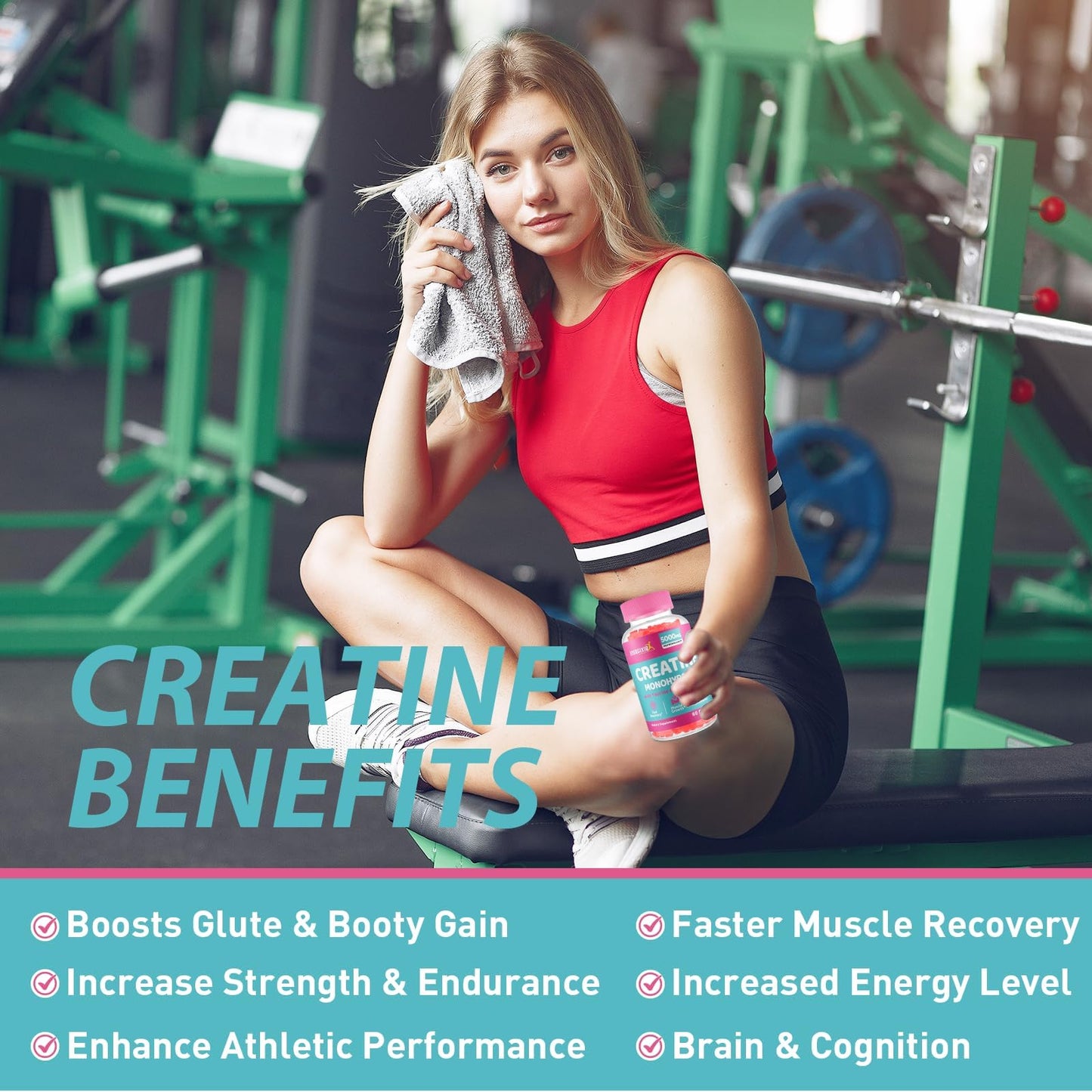 Creatine Monohydrate Gummies, Creatine for Women, Creatine Pre Workout Chewables Supplement with Taurine & B6 - for Muscle, Recovery, Strength, Energy & Endurance and Performance - 120 Count