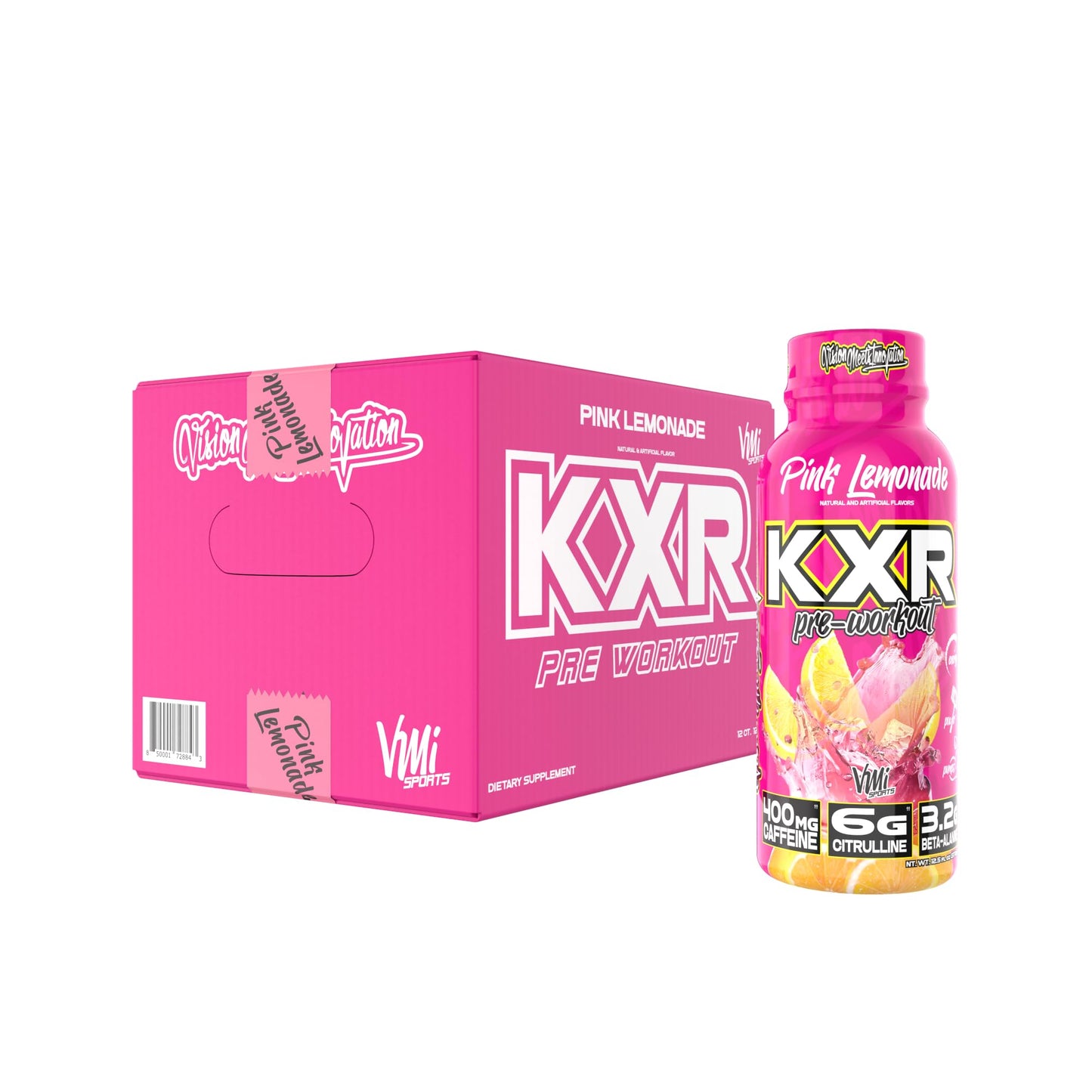 VMI Sports KXR High Stimulant Pre-Workout Energy Ready to Drink 400mg Caffeine, 6g Citrulline, 3.2g Beta-Alanine | Delicious - Convenient - Powerful | 12.5 oz Bottles (Pink Lemonade, 12 Bottles)