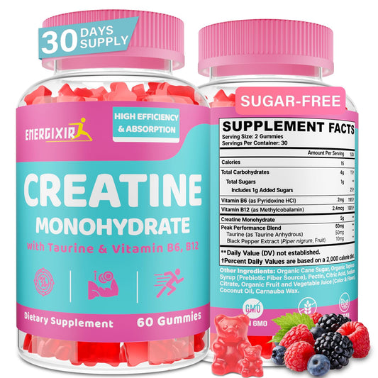 Creatine Monohydrate Gummies, Creatine for Women, Creatine Pre Workout Chewables Supplement with Taurine & B6 - for Muscle, Recovery, Strength, Energy & Endurance and Performance - 60 Count
