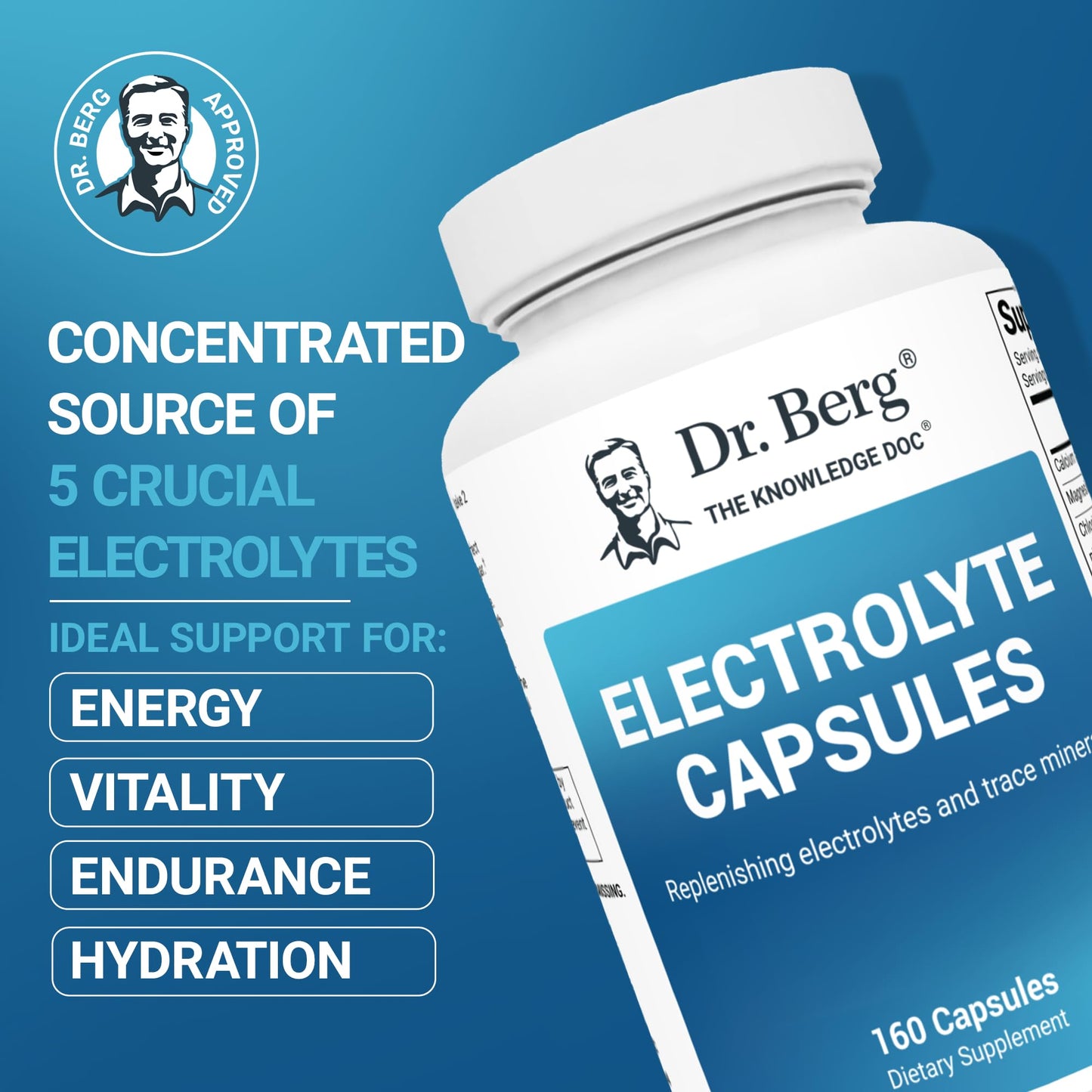 Dr. Berg Electrolyte Capsules - Electrolyte Supplements for Supporting Energy, Endurance, and Hydration - Sugar Free, No Maltodextrin, Keto Friendly - 160 Caps