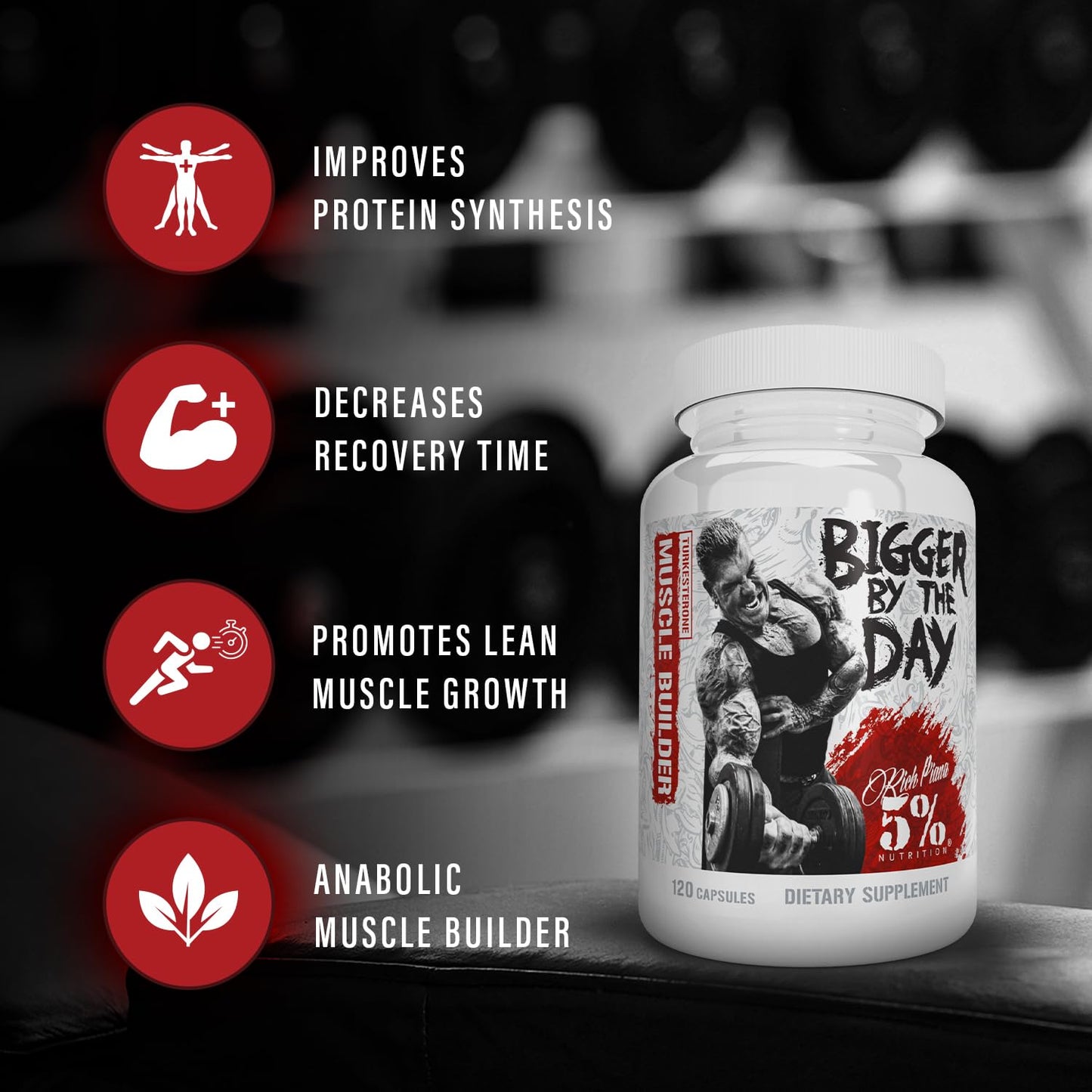5% Nutrition Rich Piana BiggerByTheDay | Anabolic Muscle Builder, Hardcore Mass Gainer | Turkesterone, HICA, Epicatechin, Leucine | 120 Capsules (30 Servings)