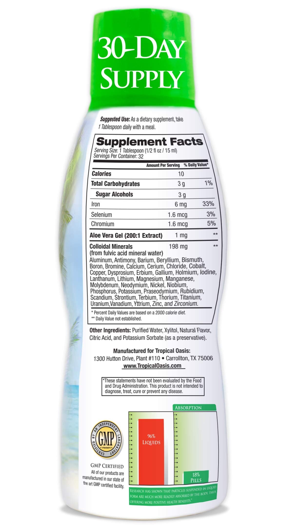 Tropical Oasis - Premium Ionized Plant Based Trace Minerals Liquid Formula- 74 essential minerals in liquid form for up to 96% Absorption - 16 oz, 32 servings