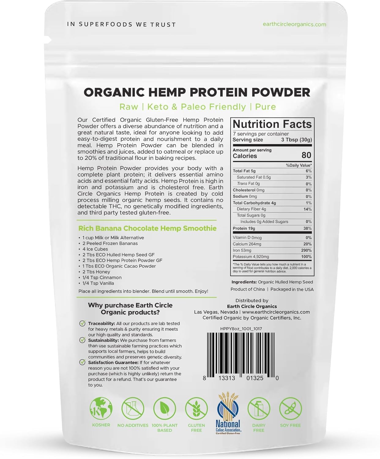 Earth Circle Organics Organic Hemp Protein Powder, Lab Tested 100% Gluten Free, Plant Based & Vegan Raw Protein Powder - Perfect for Keto, Meal Replacement Shakes, Pre & Post Workout (8oz, Pack of 2)