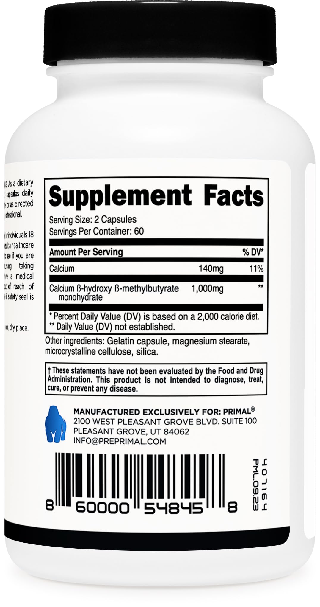 Primal HMB (1000mg, 120 Capsules) | Athlete Formula, Gluten-Free, Non-GMO, 60 Servings
