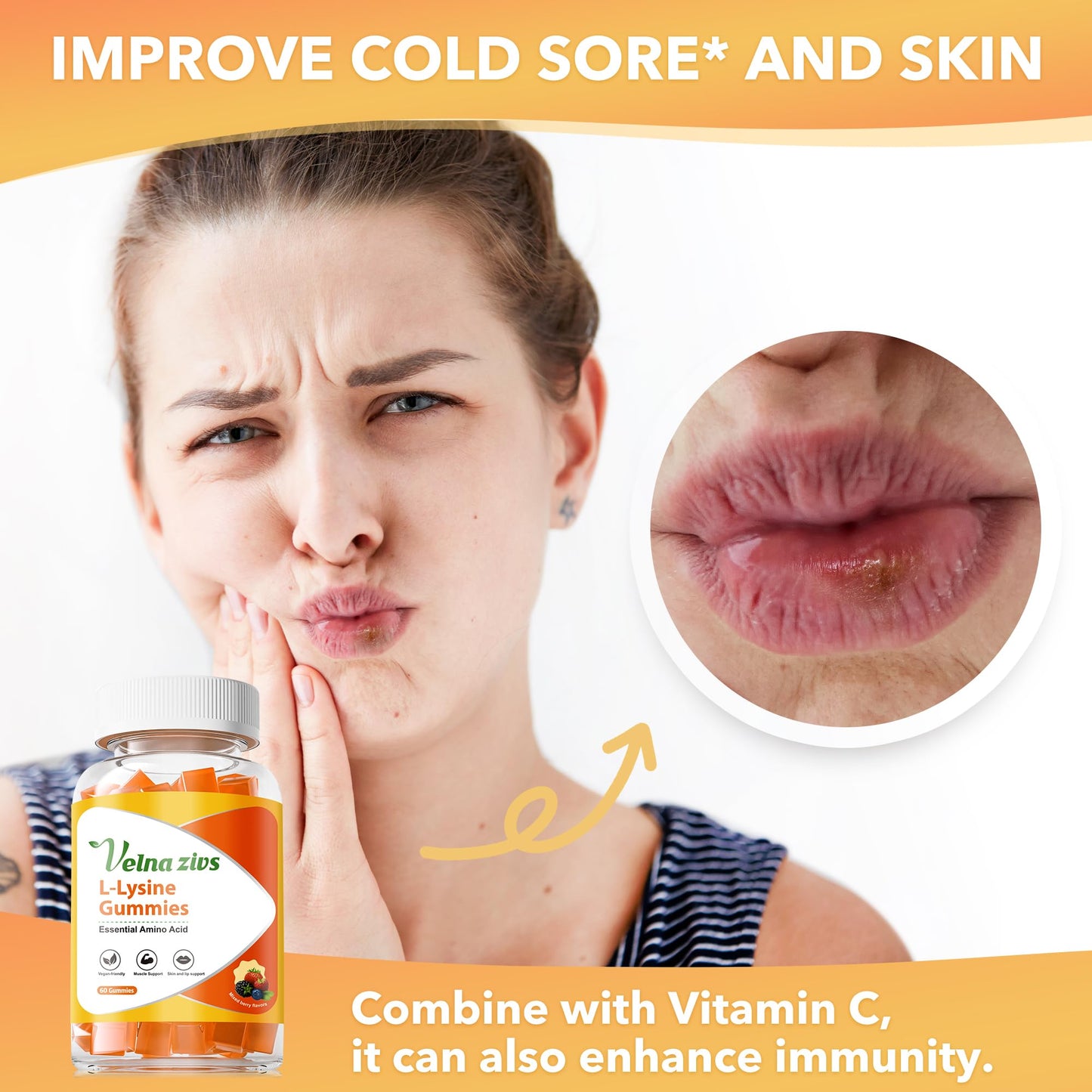 Velna zivs Lysine 1000mg Square-Shaped Gummies - Immune Support & Healthy Skin with Vitamin C B6-60 Vegan Doses, Non-GMO, Gluten/Gelatin Free