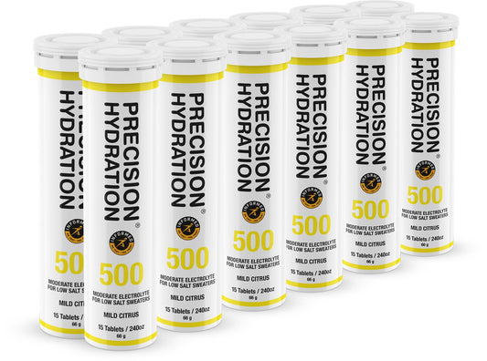 Precision Hydration Electrolyte Tablets - Multi Strength Effervescent Hydration Tablets - Combats Cramp - Low Calorie, Gluten Free, Vegan Friendly (12 Tubes, 500mg/L - Yellow Tube)