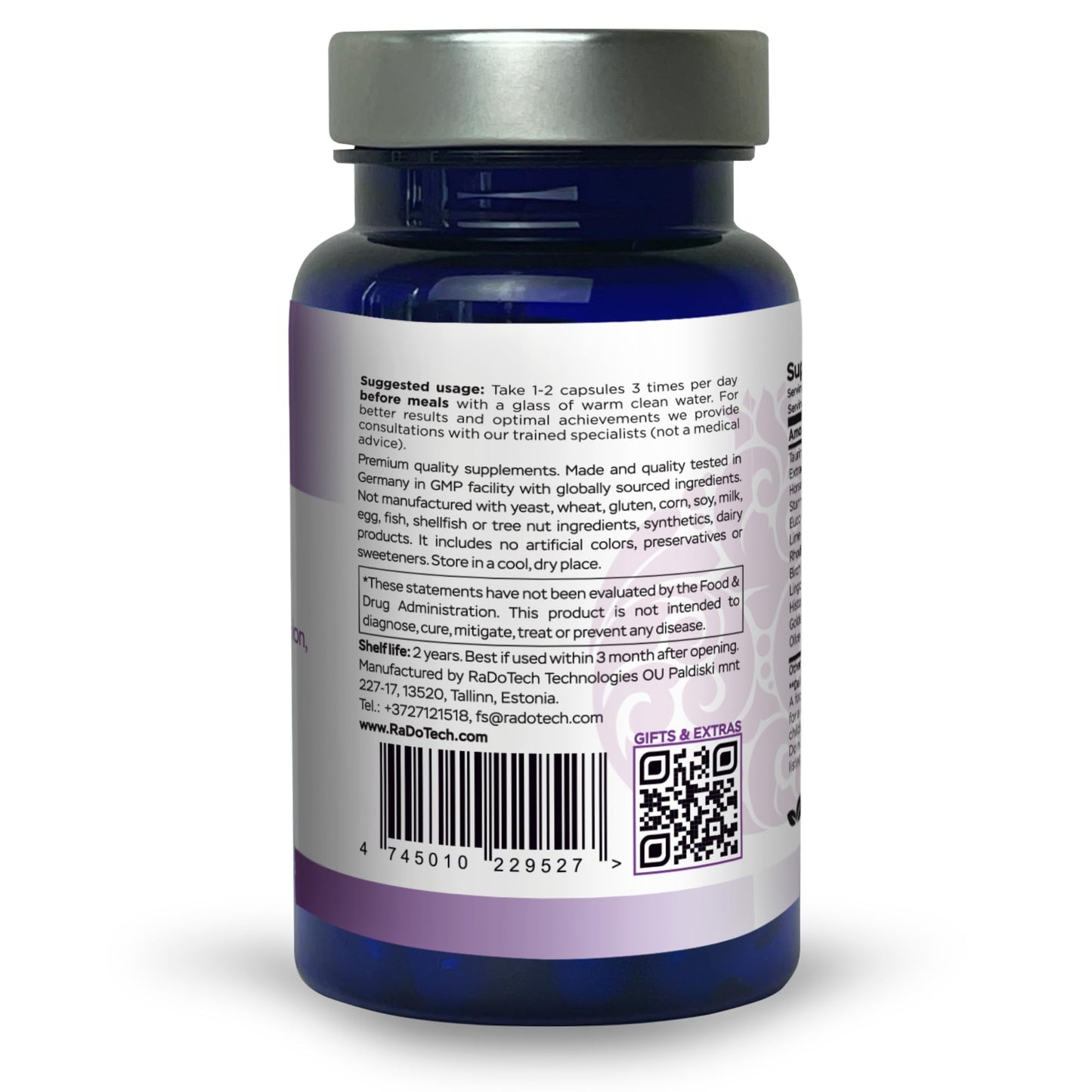 RaDoTech Edema Relife Support Relief of Edema, Water Retention, Swollen Feet and Ankles 60 Veg Capsules GMP
