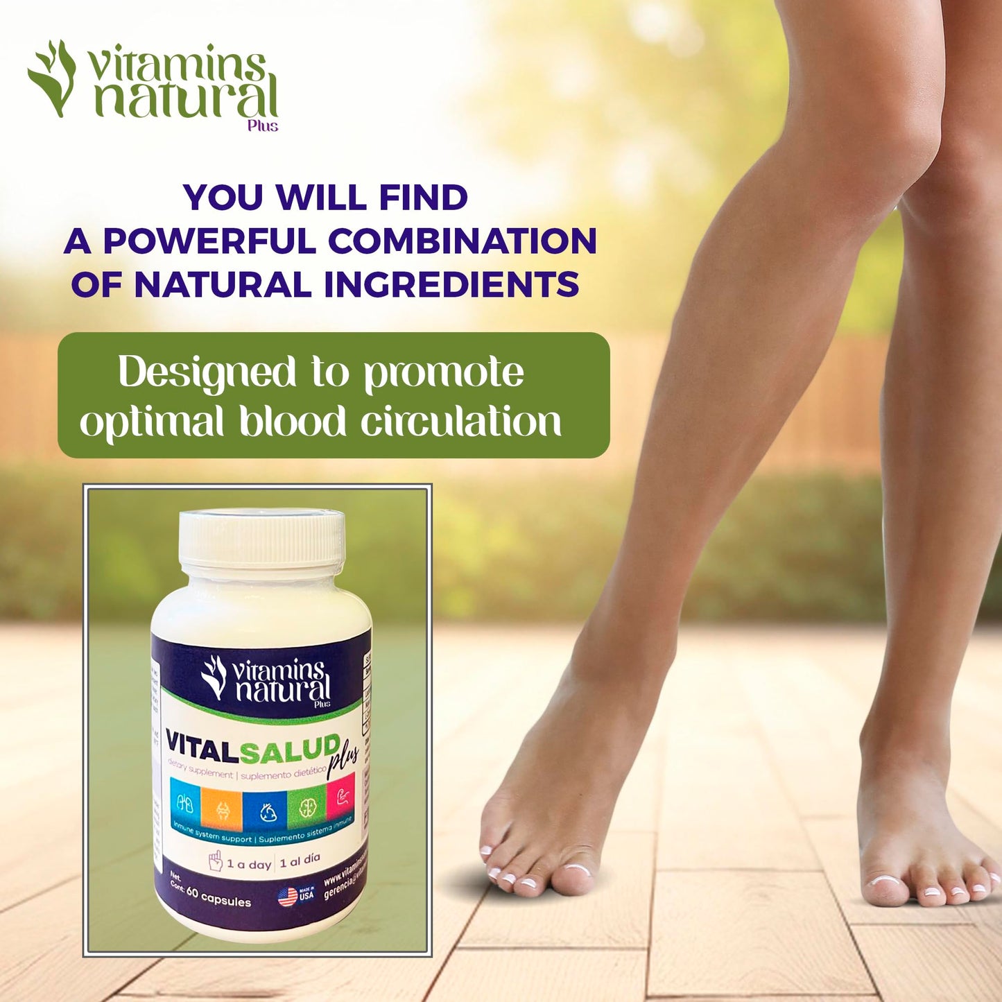 Vitamins Natural - Vital Salud Plus - Organic Immune System Support Supplement with Nopal Cactus, L-Carnitine Base - Supports Bone Health, Reduces Varicose Veins, Improve Skin Appearance (60 Capsules)