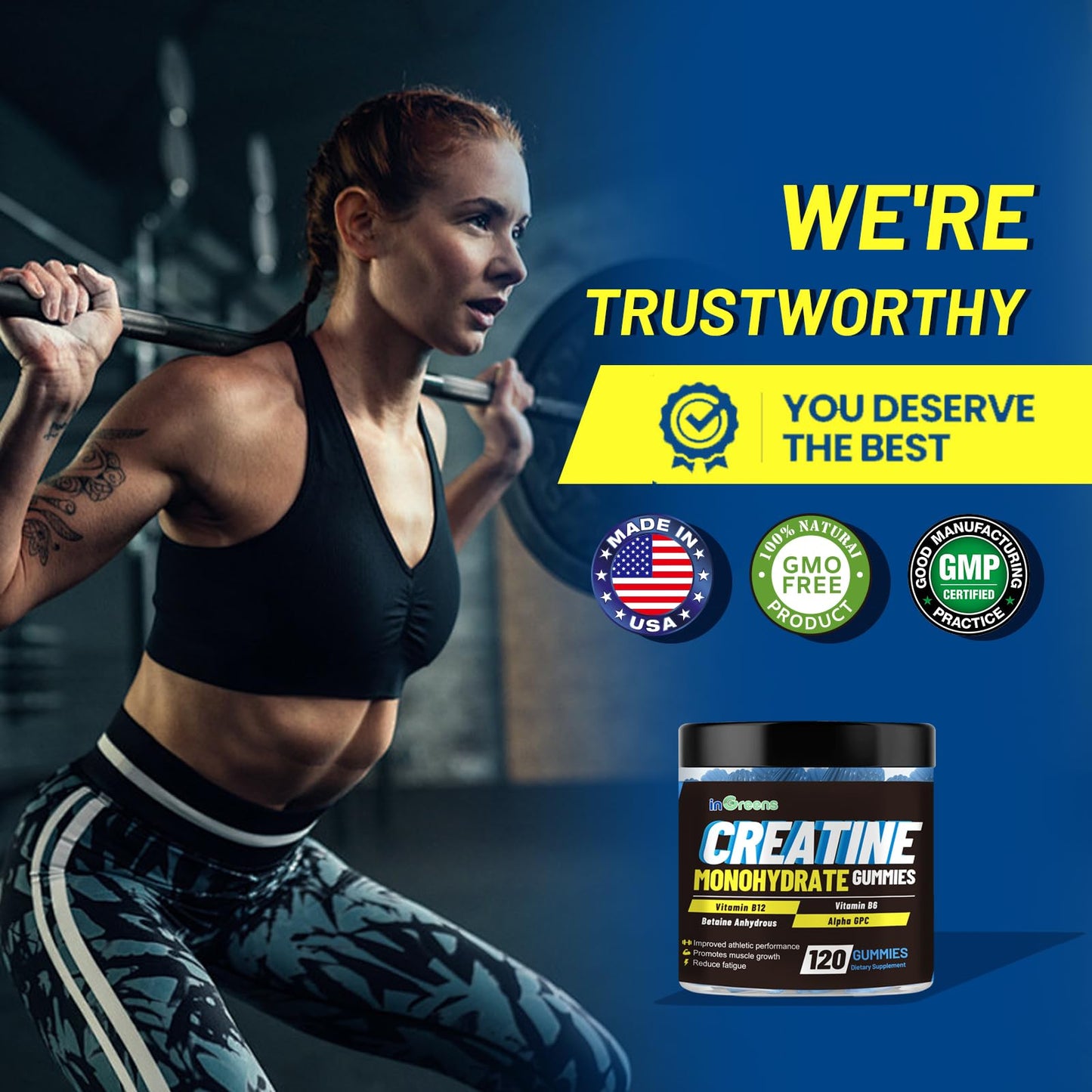 Creatine Monohydrate Gummies 6g for Men & Women, Potent Creatine Supplement, Chewables Creatine for Energy Boost, Increase Strength and Build Muscle, Gluten-Free, Sugar Free,120 Count