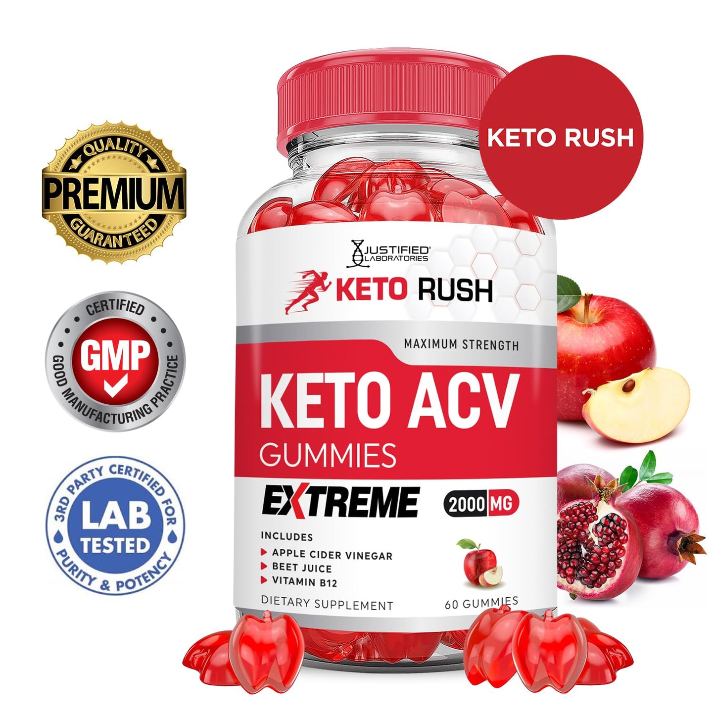 Keto Rush Keto ACV Gummies Extreme 2000MG Keto Rush Keto Gummies Apple Cider Vinegar Formulated with Pomegranate Beet Juice Powder B12 Vegan Non GMO 60 Gummys