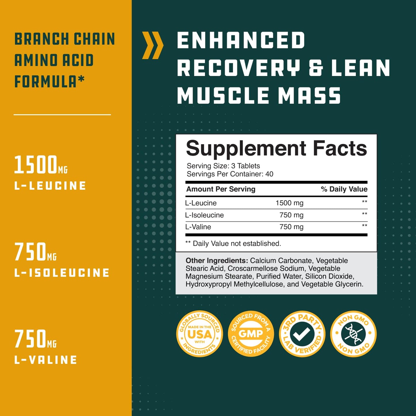 Branch Chain Amino Acids Supplement - Vegan BCAA Tablets Post Workout Muscle Recovery and Muscle Growth Support - Branched Chain Amino Acids Supplement for Men and Womens Workout Recovery 120 Count