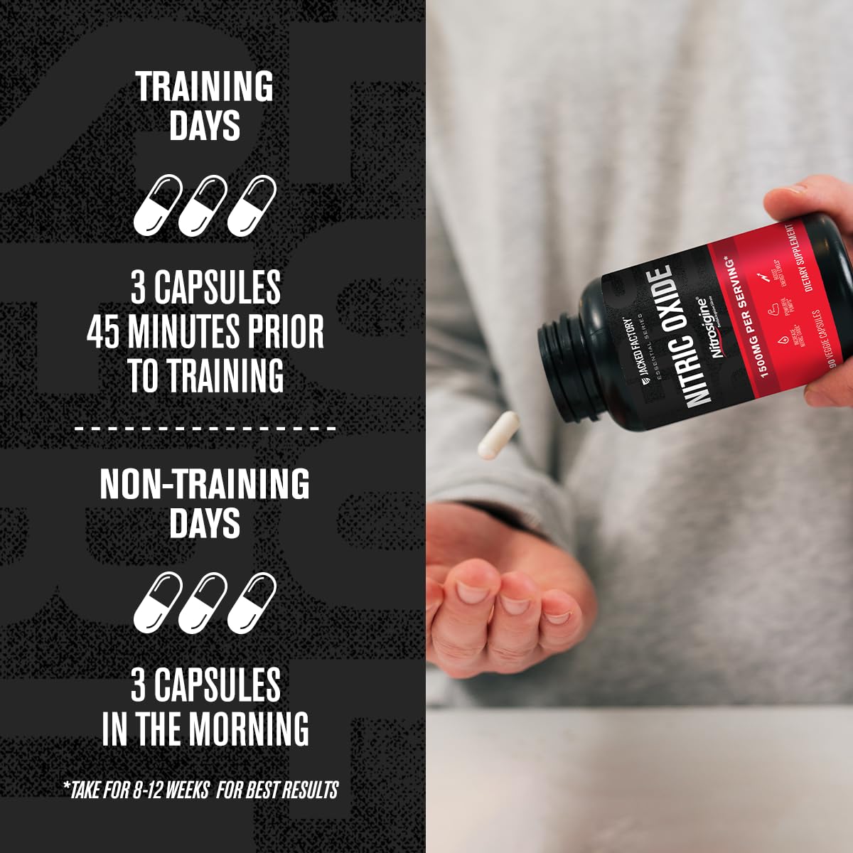 Jacked Factory Essentials Nitric Oxide Booster - Patented Bonded L-Arginine Silicate 1500mg Pre Workout Supplement for Muscle Growth, Pumps, Vascularity and Energy - 90 Veggie Pills