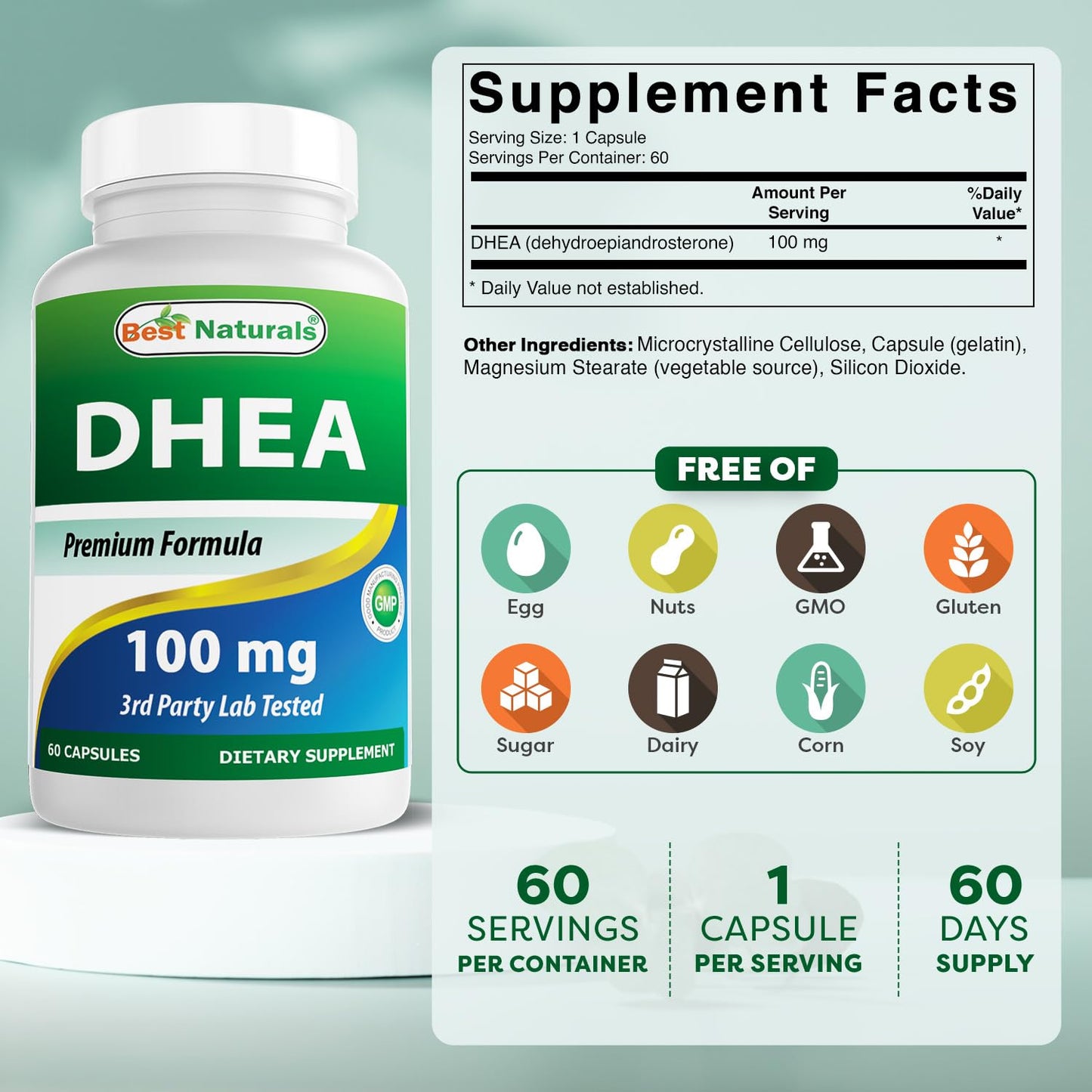 Best Naturals DHEA 100mg Supplement 60 Capsules - Supports Balanced Hormone Levels for Men & Women - Promotes Healthy Aging - USA Manufactured