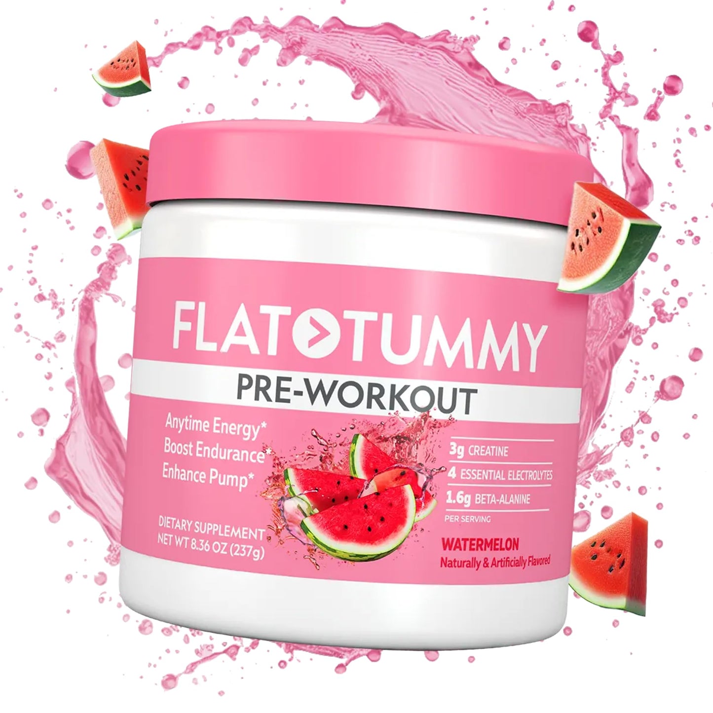 Flat Tummy Pre Workout Powder for Women - Energy, Endurance, and Muscle Support with 3g Creatine, 1.6g Beta-Alanine, Electrolytes - Watermelon Flavor - 30 Servings