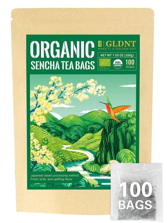 GLDNT Organic Sencha Tea Bags Natural Organic Sencha Green Tea Fresh  Smooth Flavor Iced  Hot Tea 100 Count