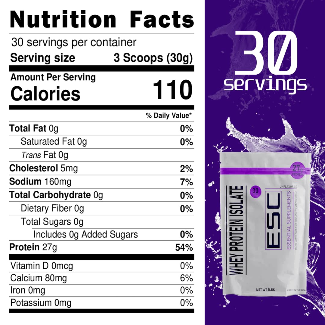 Essential Supplements Company Pure Unflavored Whey Protein Isolate - 27g Protein per Serving - Versatile All-Purpose Protein Supplement