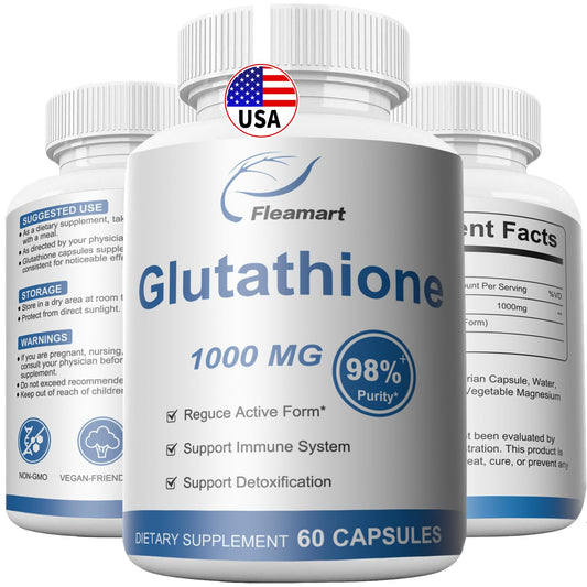 Fleamart Glutathione Supplement 98%+ Highly Purified and Bioavailable - Skin Care & Detoxification L-Glutathione 1000mg Immune & Liver Support - Made in The USA 60 Capsules