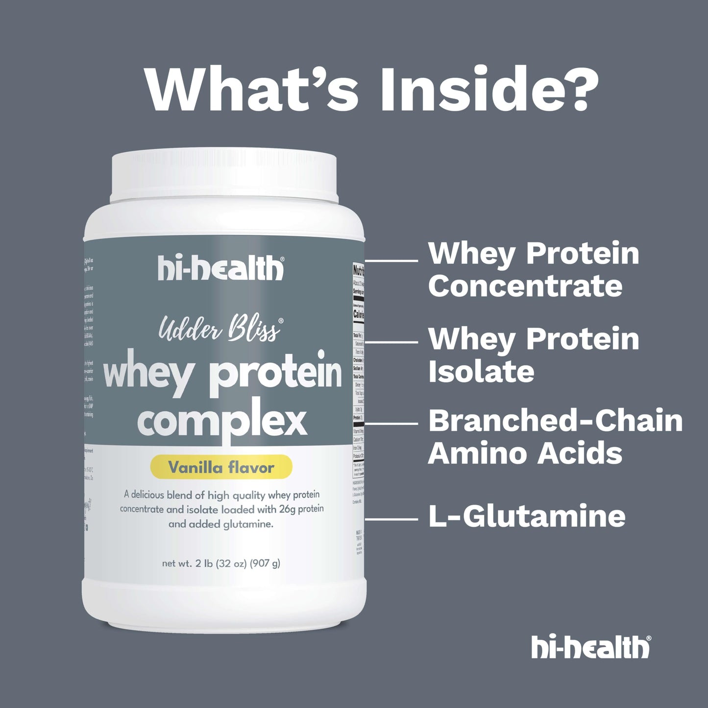 Hi-Health Udder Bliss Whey Protein Complex Powder, Blend of Bioavailable Whey Protein Concentrate and Isolate with Added Glutamine, Vanilla (2 Pounds)