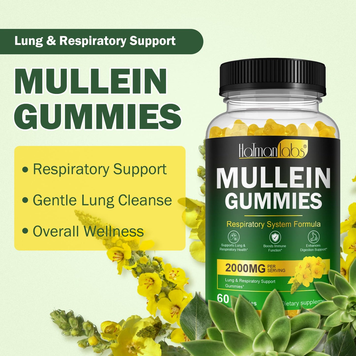 Ruduwu Mullein Gummies for Lung Detox, 2000mg Mullein Leaf Extract for Respiratory & Digestive & Immune Support w/Quercetin, Bromelain, Elderberry & Marshmallow, Vegan 60 Gummies