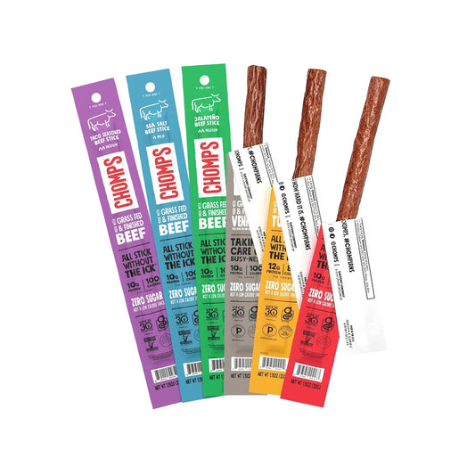 Chomps 6 Flavor Variety Trial Pack  GrassFed  Finished Beef and Venison  Antibiotic Free Turkey Meat Snack Sticks Keto Paleo Low Carb Whole30 Approved Gluten Free Zero Sugar Food