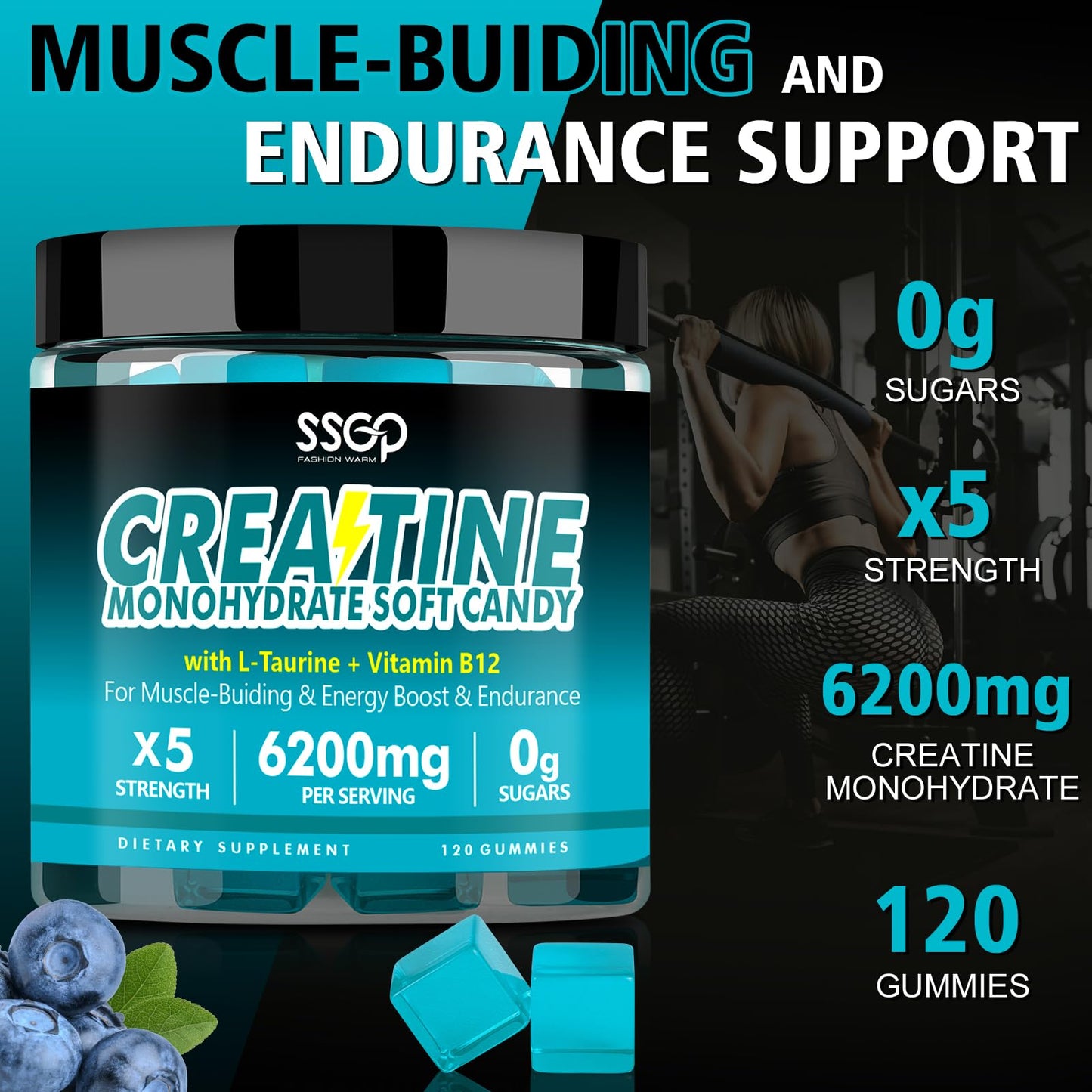 SSGP Creatine Monohydrate Blueberry Gummies - L - Taurine - B12，No Added Sugar - Enhances Energy - Muscular - Vegetarian - Workout Supplement - for Men Women（120 Count）