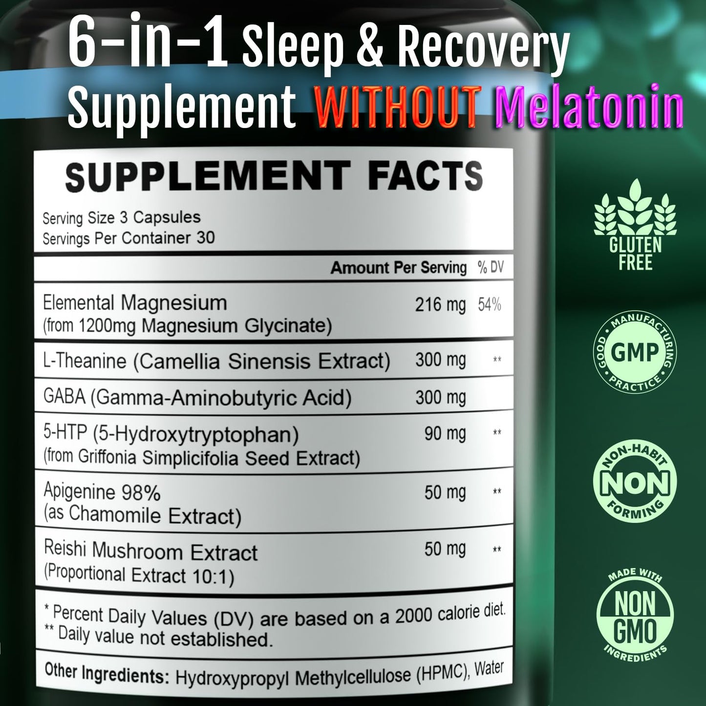 Vitality Labs Natural Sleep Aid Supplement for Adults Without Melatonin - Non-Habit Forming Herbal Sleep - GABA, L-Theanine, Reishi Mushroom, Apigenin, Magnesium Glycinate, 5-HTP - 90 Vegan Capsules